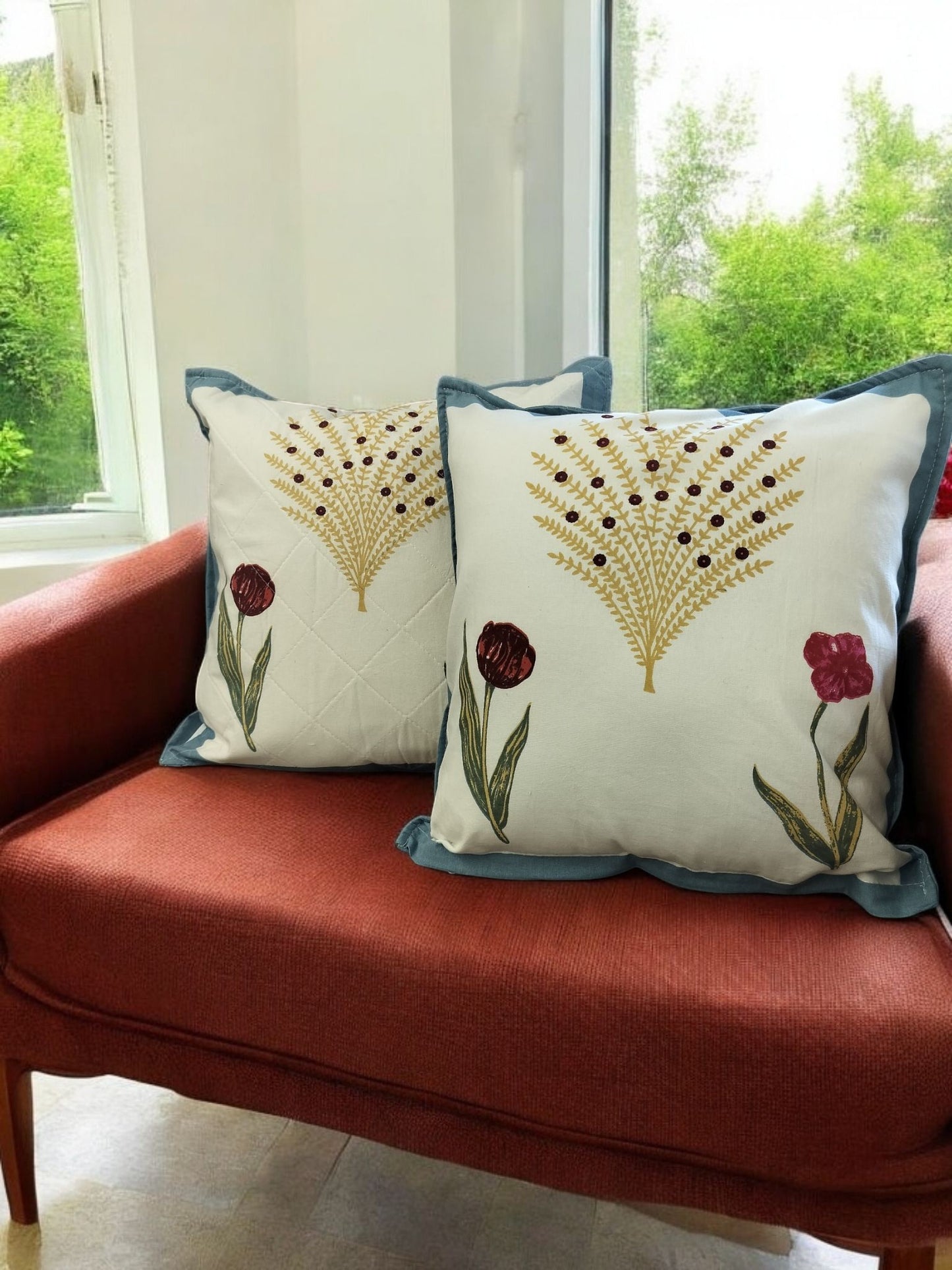 Quilted Handblock Cushion Cover Set of 2 (Blue and White)