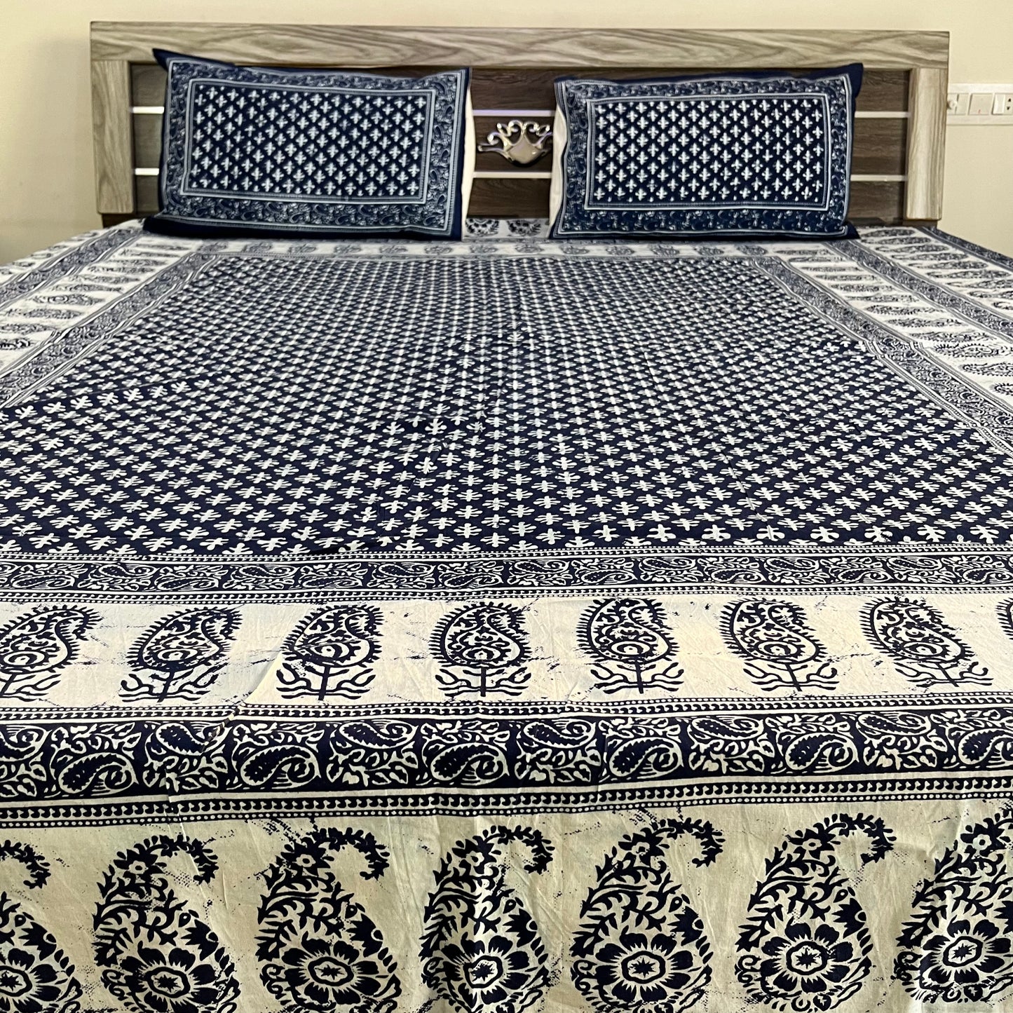 White Abstract Indigo Cotton Bedsheet