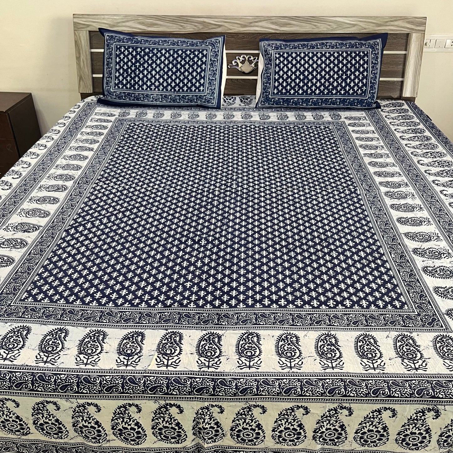 White Abstract Indigo Cotton Bedsheet