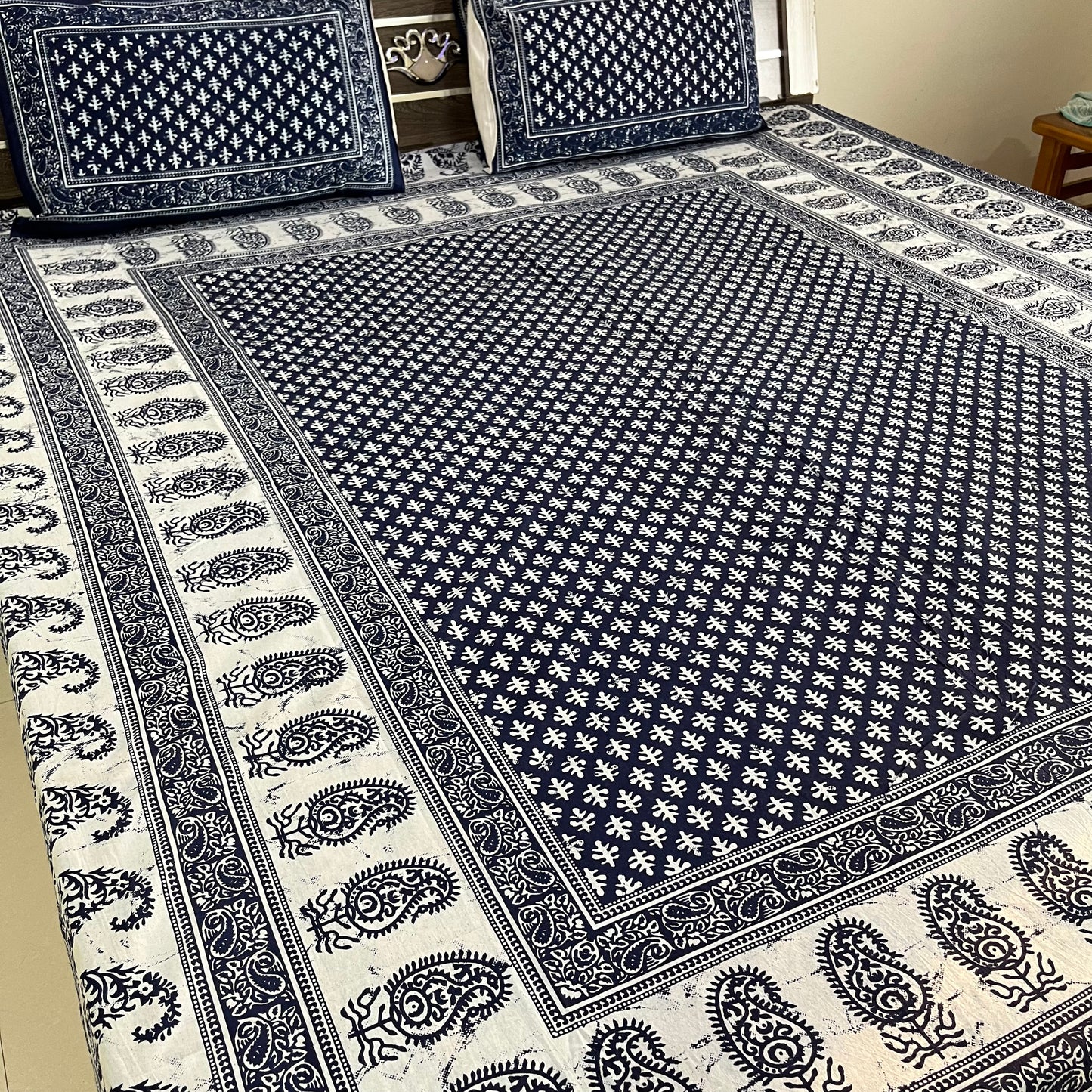 White Abstract Indigo Cotton Bedsheet