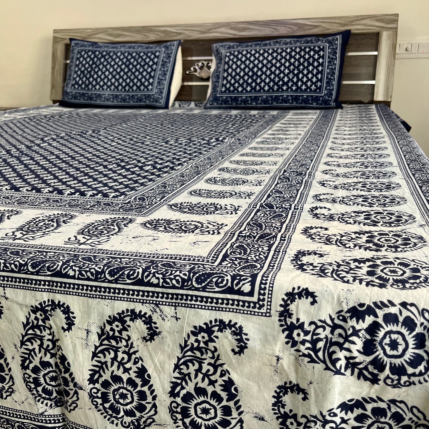 White Abstract Indigo Cotton Bedsheet