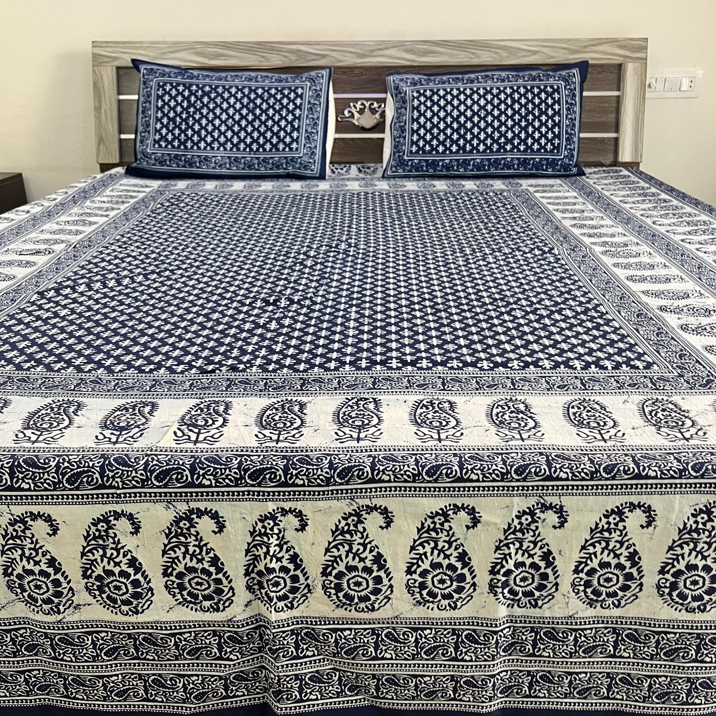 White Abstract Indigo Cotton Bedsheet