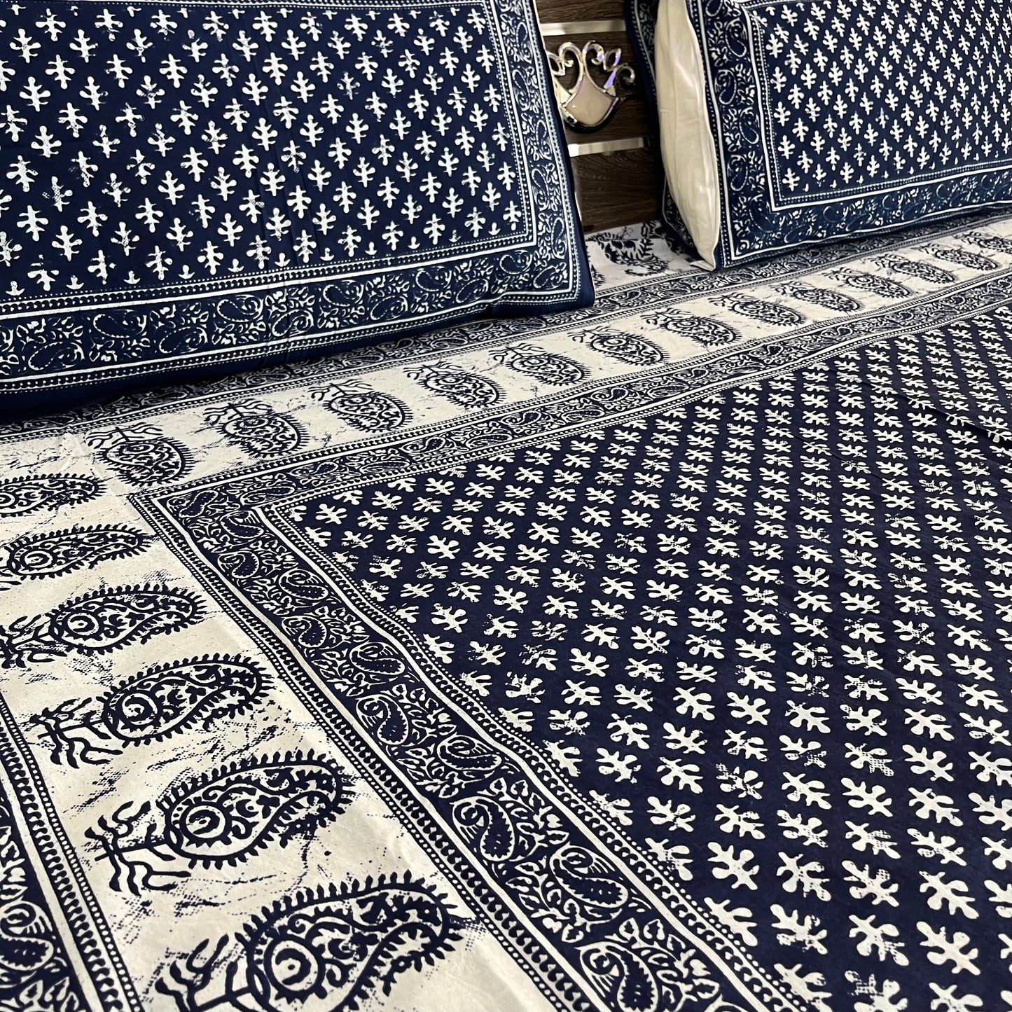 White Abstract Indigo Cotton Bedsheet