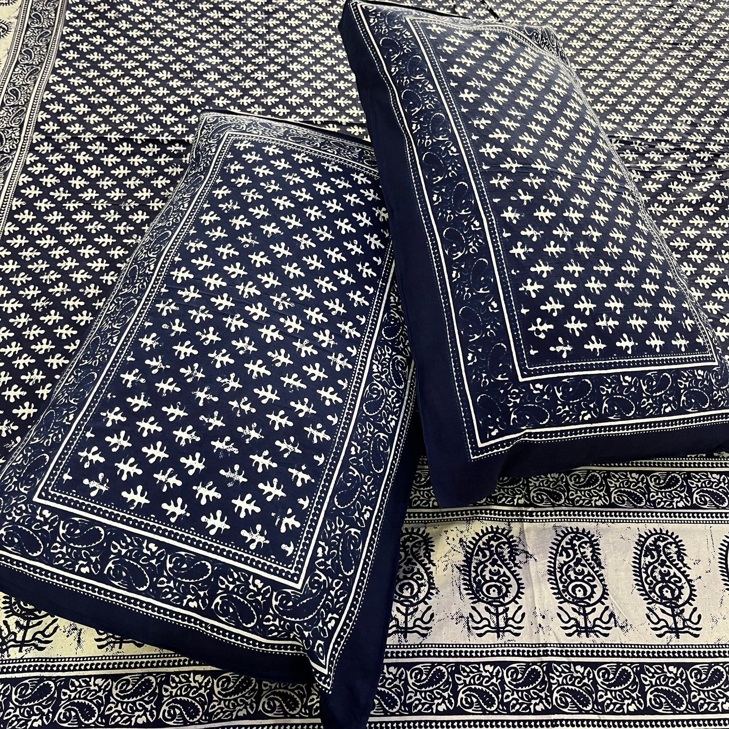 White Abstract Indigo Cotton Bedsheet