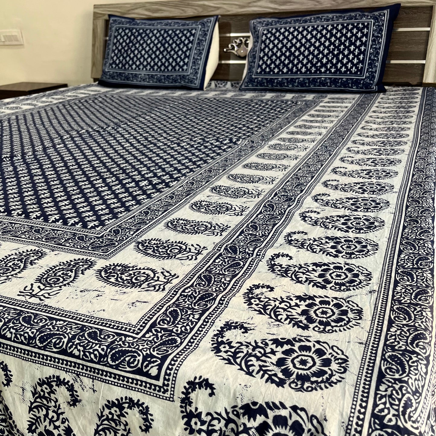 White Abstract Indigo Cotton Bedsheet