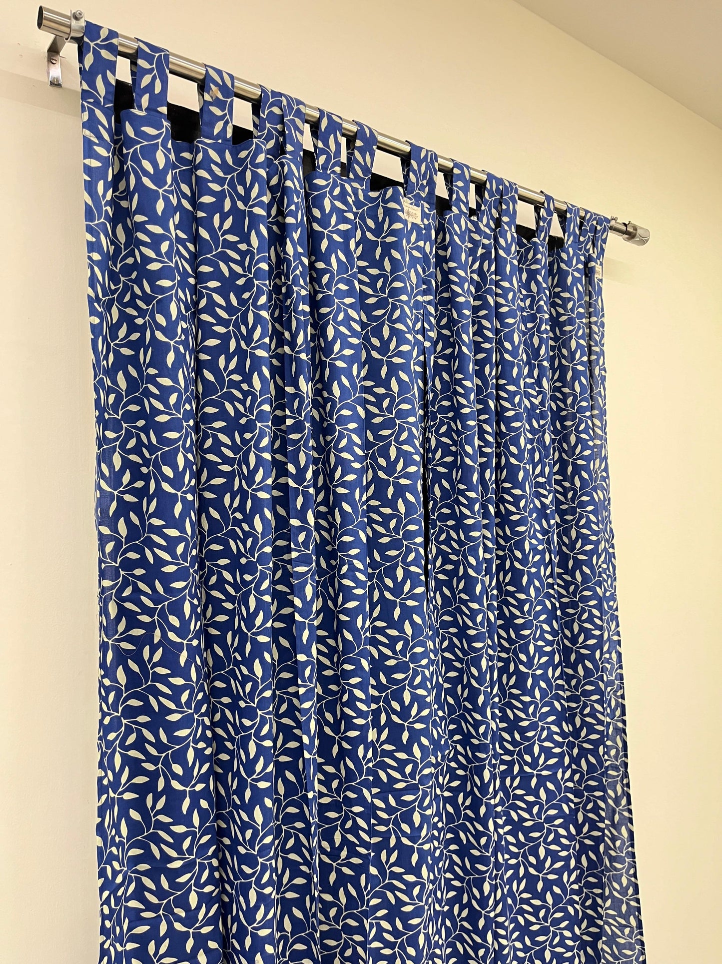 Blue and White Floral Handblock Print Cotton Curtains (7 Ft, Set of 2)