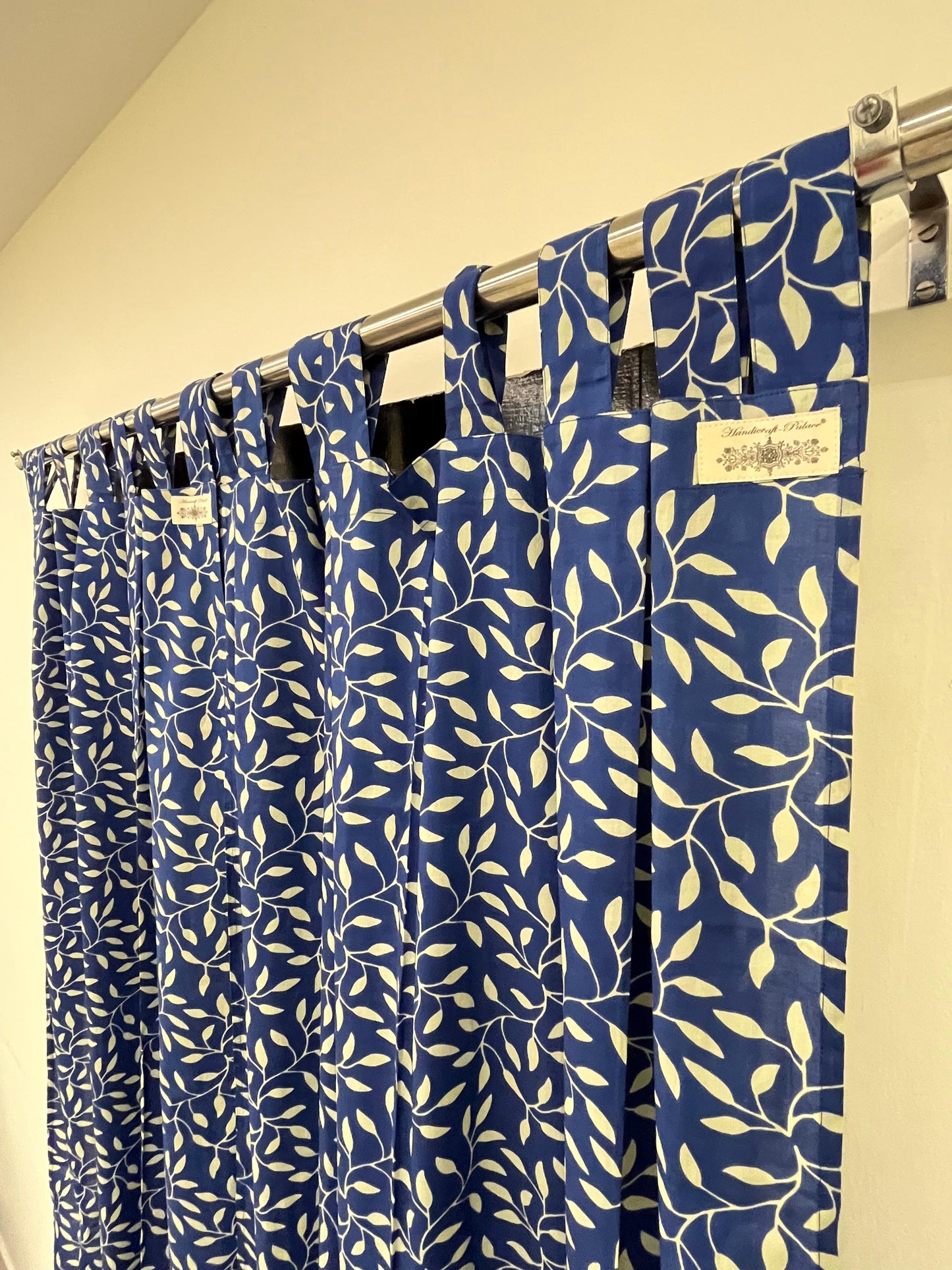 Blue and White Floral Handblock Print Cotton Curtains (7 Ft, Set of 2)