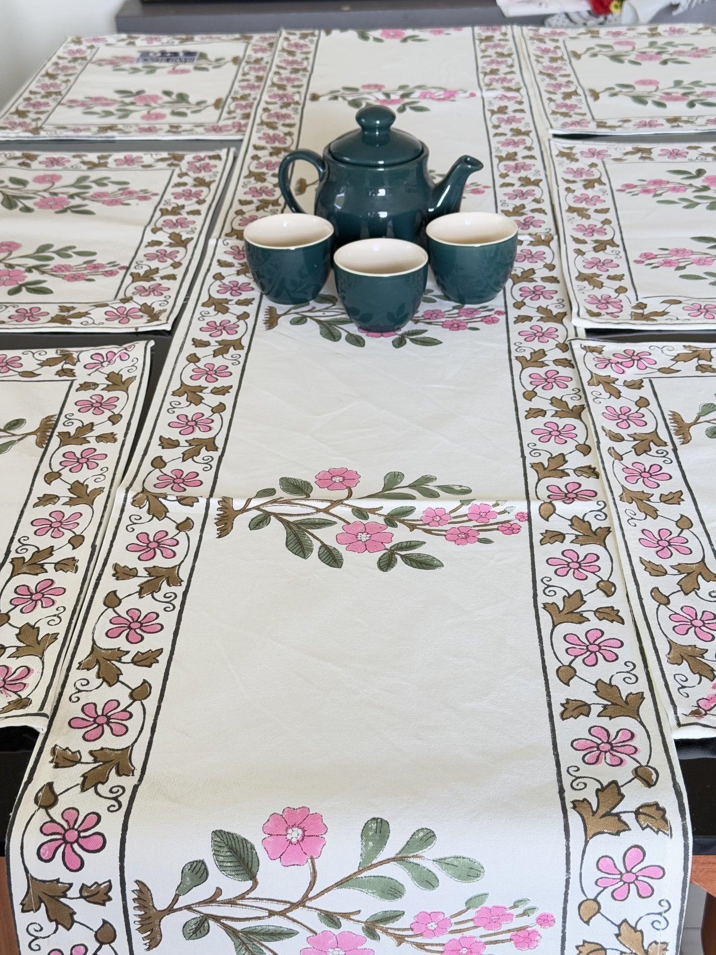 Green Pink Floral Pure Cotton Rajasthani Handblock Table Runner and Mat Set of 6