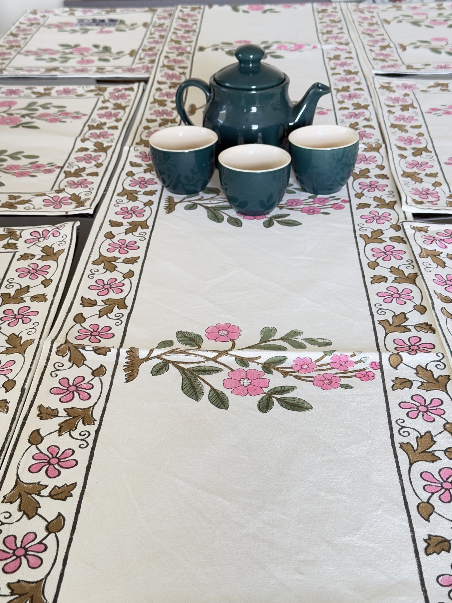 Green Pink Floral Pure Cotton Rajasthani Handblock Table Runner and Mat Set of 6