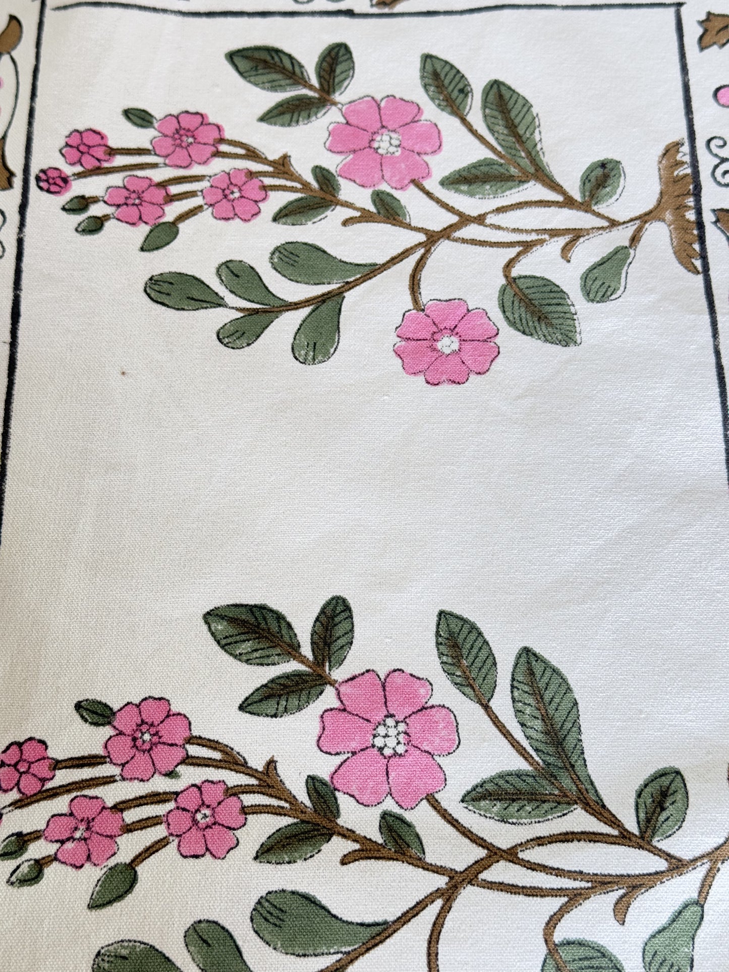 Green Pink Floral Pure Cotton Rajasthani Handblock Table Runner and Mat Set of 6