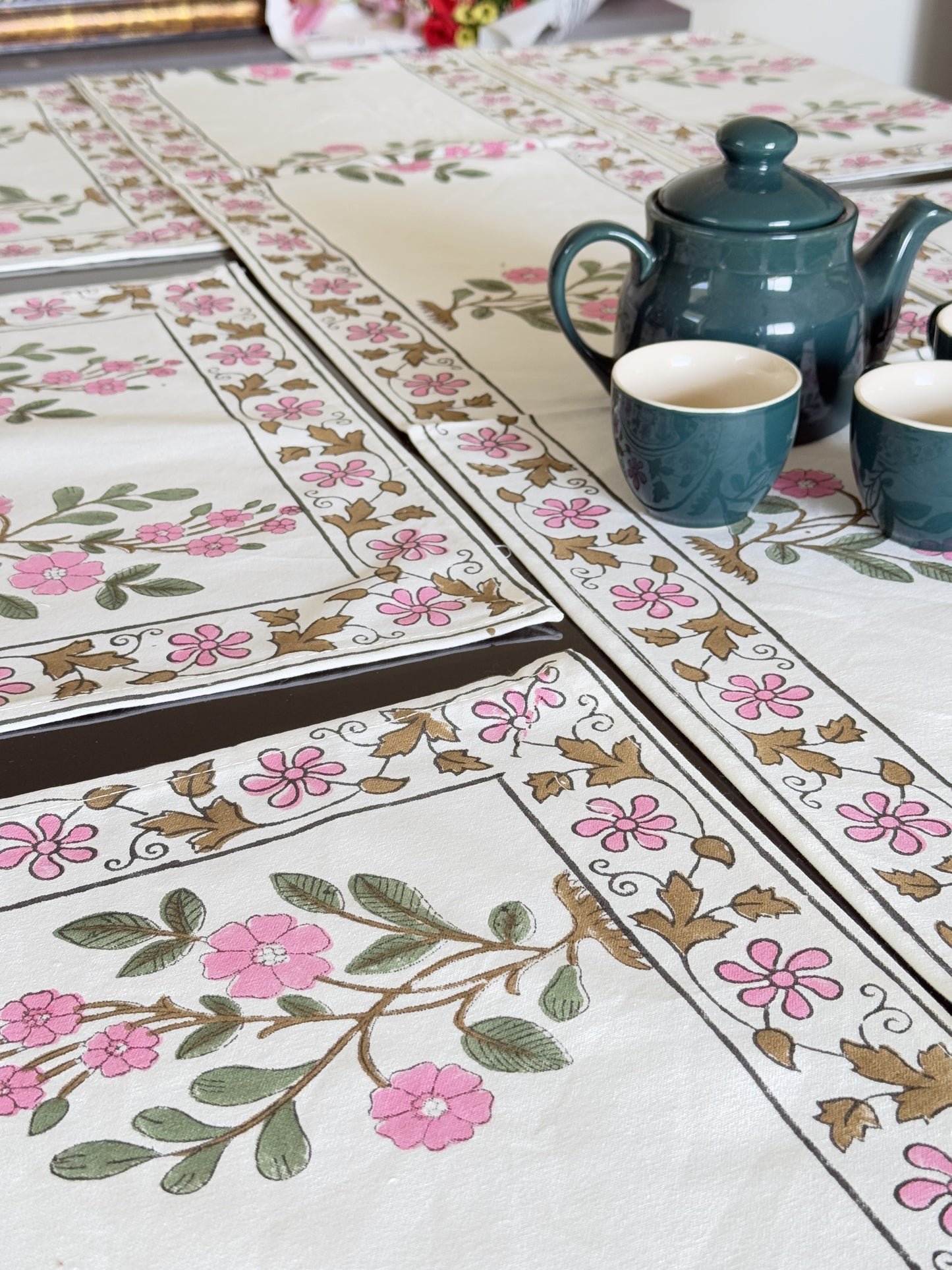 Green Pink Floral Pure Cotton Rajasthani Handblock Table Runner and Mat Set of 6