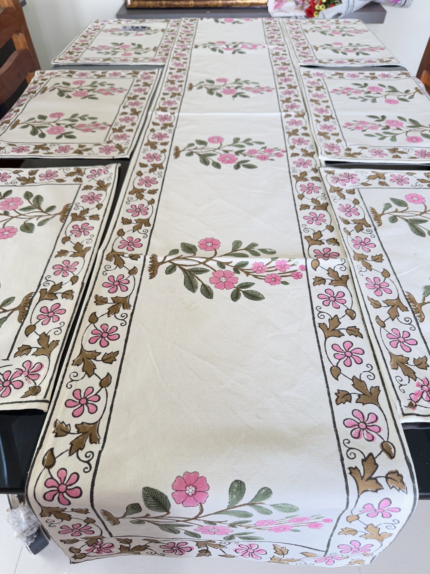 Green Pink Floral Pure Cotton Rajasthani Handblock Table Runner and Mat Set of 6