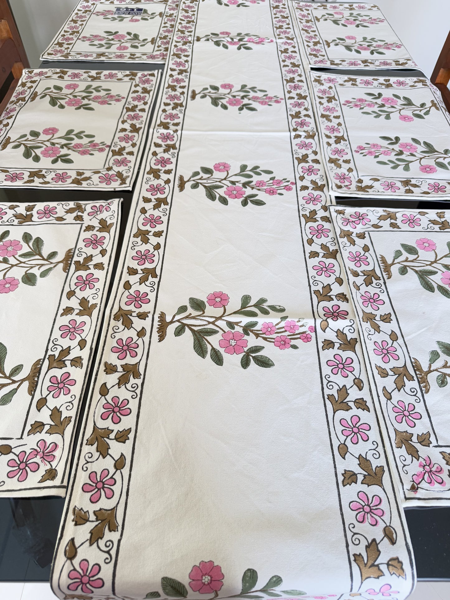 Green Pink Floral Pure Cotton Rajasthani Handblock Table Runner and Mat Set of 6