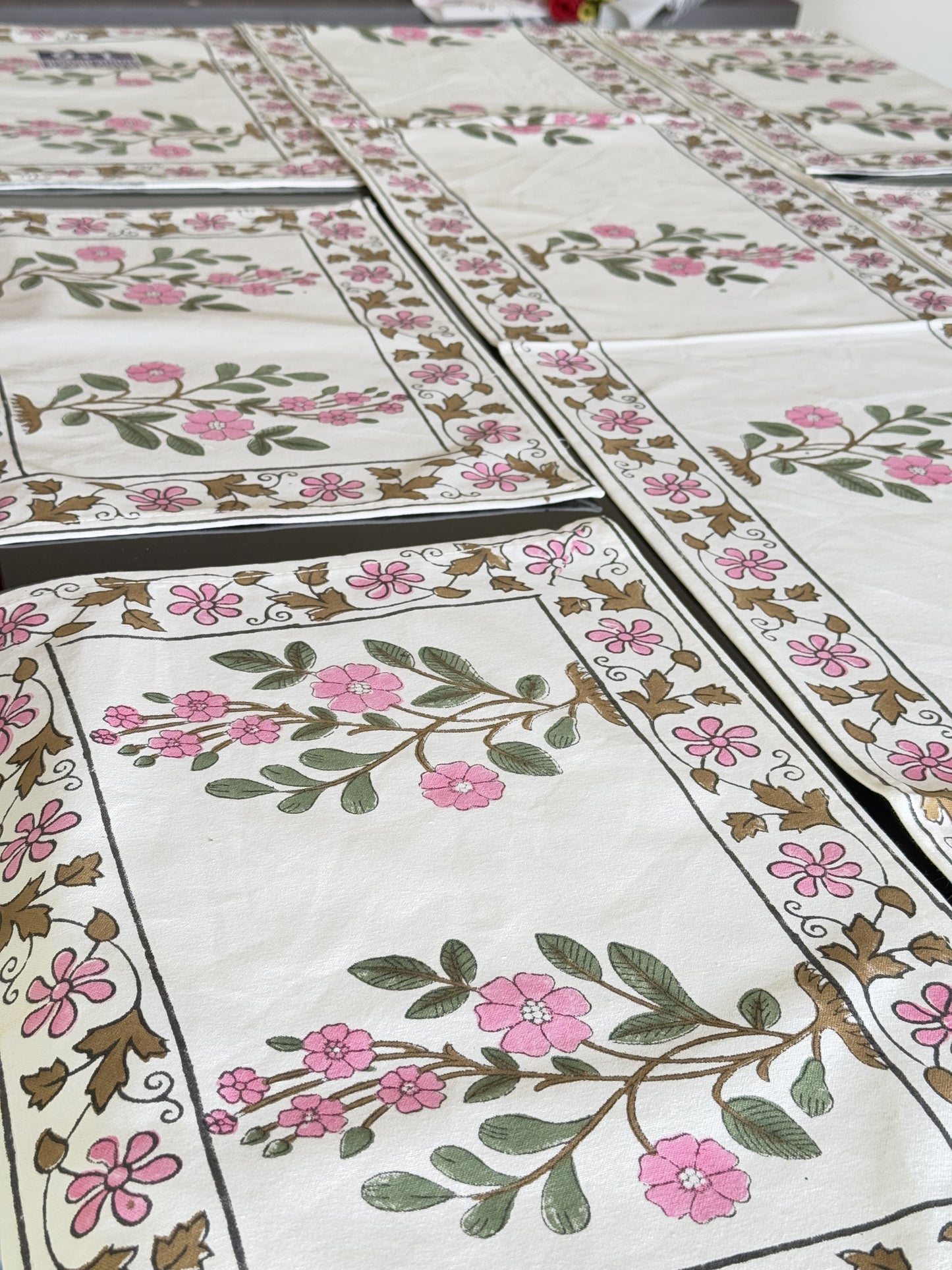 Green Pink Floral Pure Cotton Rajasthani Handblock Table Runner and Mat Set of 6
