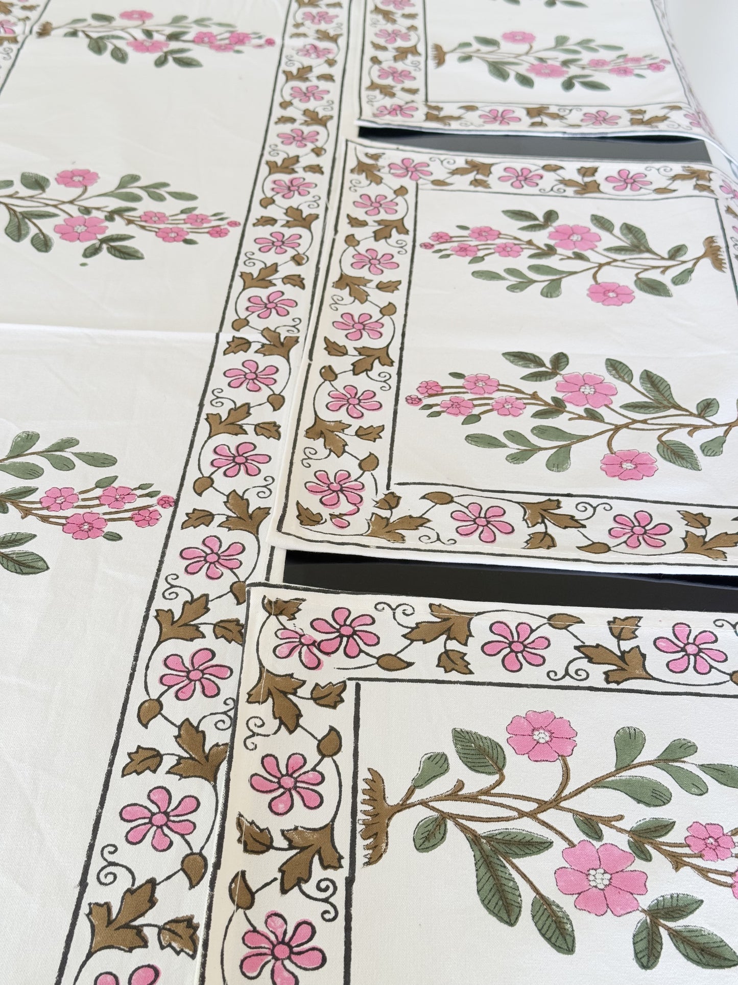 Green Pink Floral Pure Cotton Rajasthani Handblock Table Runner and Mat Set of 6