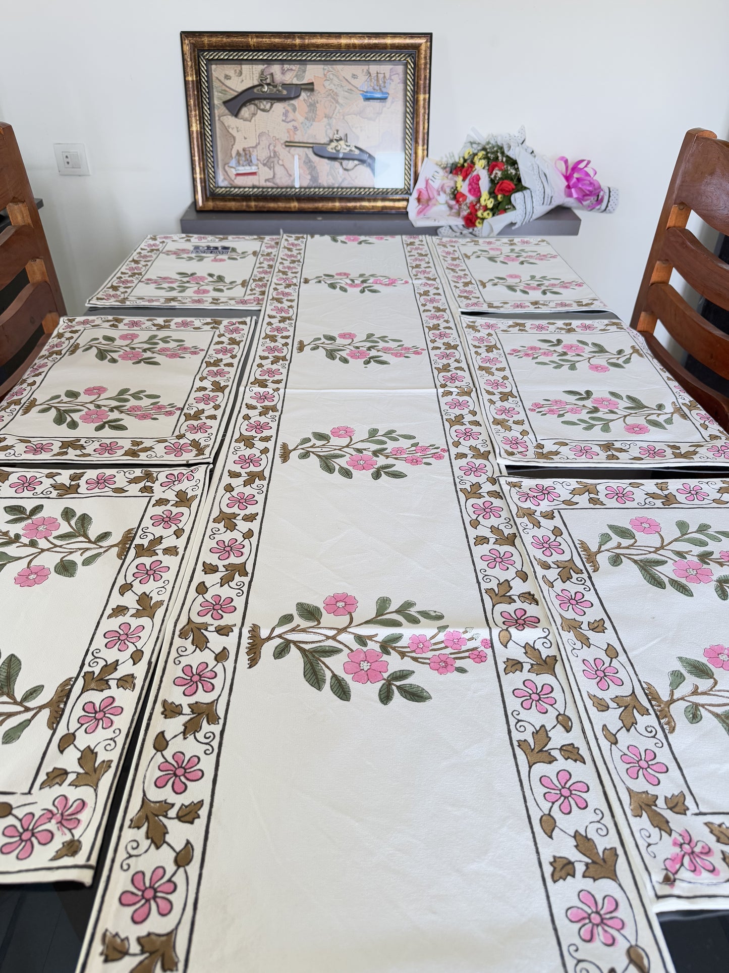 Green Pink Floral Pure Cotton Rajasthani Handblock Table Runner and Mat Set of 6