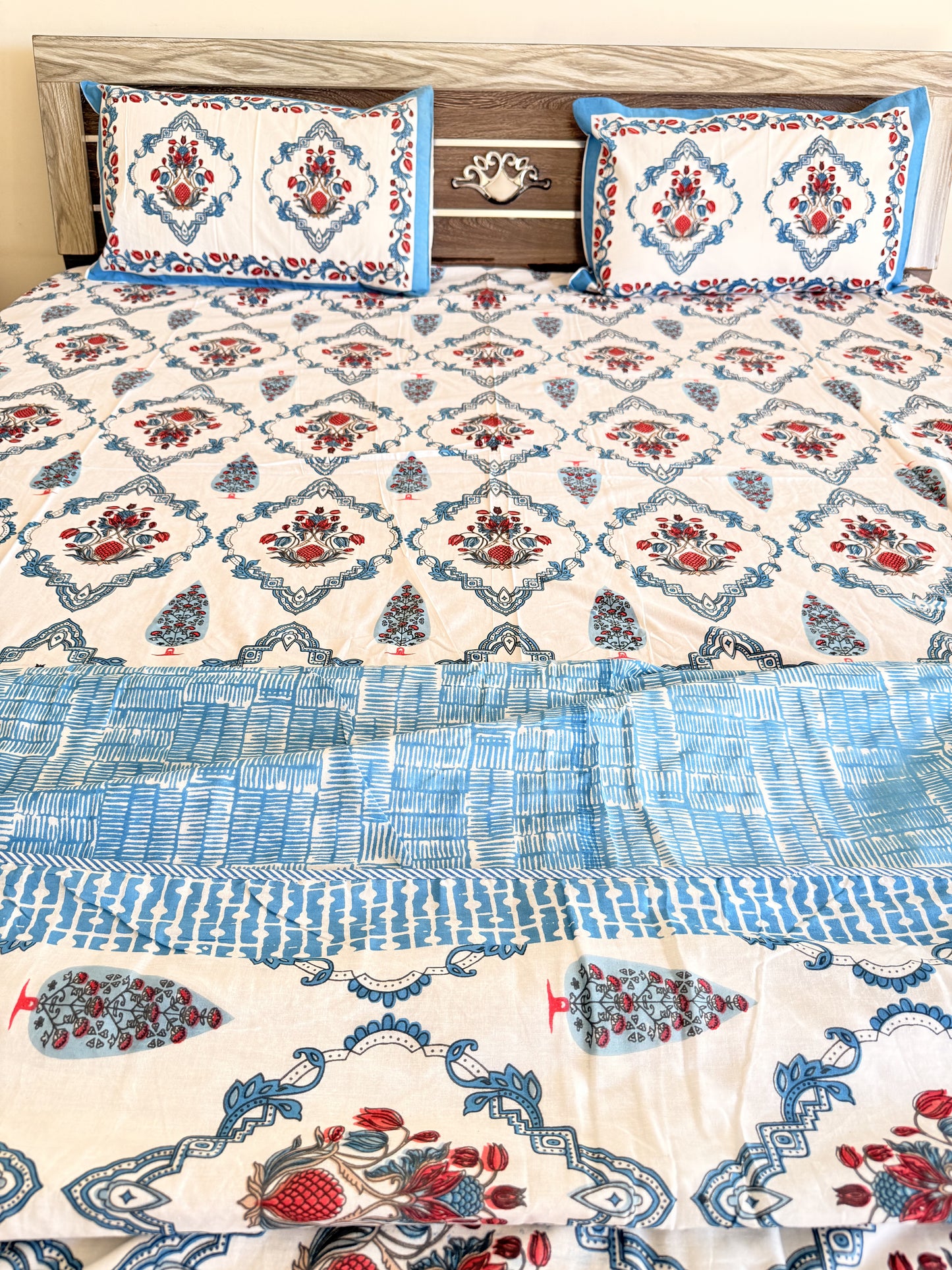 Blue Chain Handblock Double Bedsheet