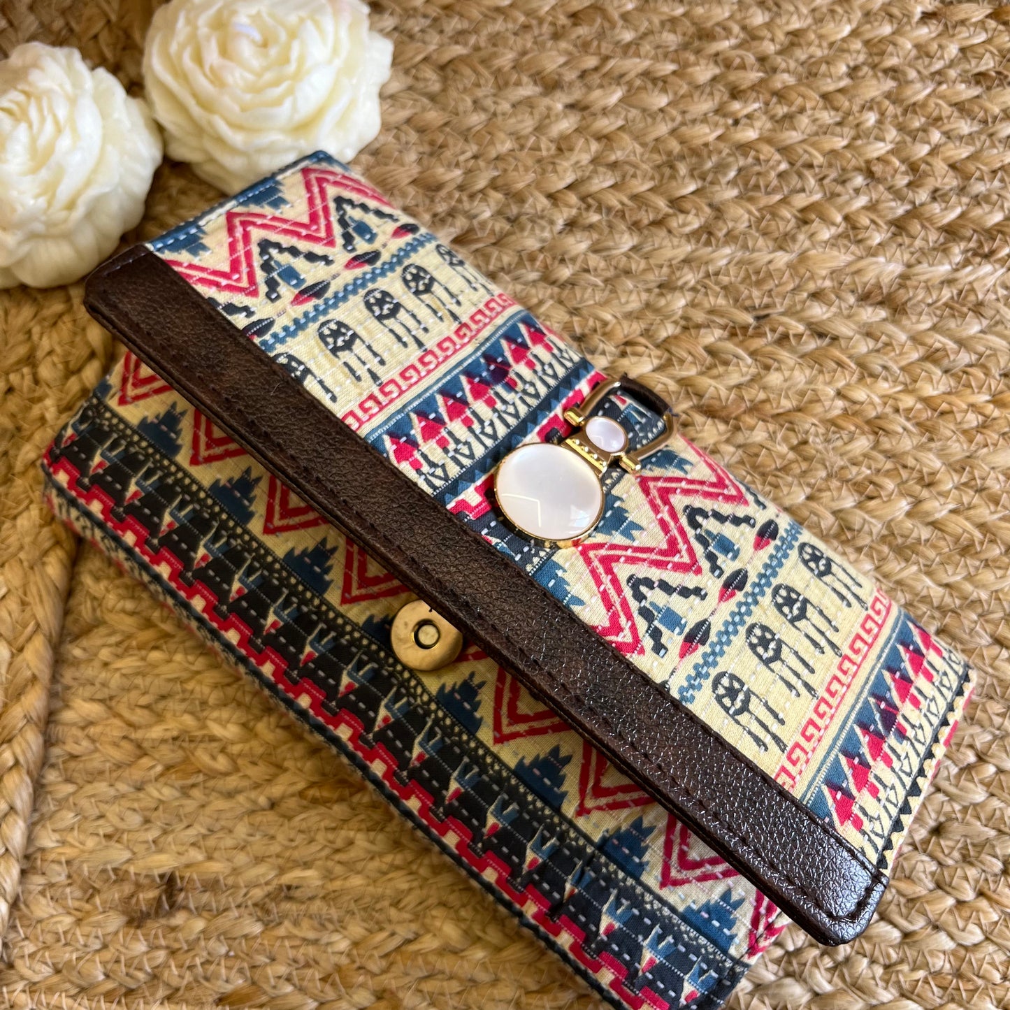 Women Beige Pink Ethnic Handblock Printed Vegan Leather Wallet
