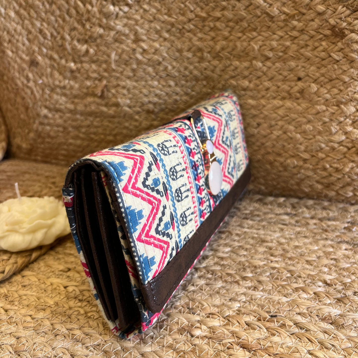 Women Beige Pink Ethnic Handblock Printed Vegan Leather Wallet
