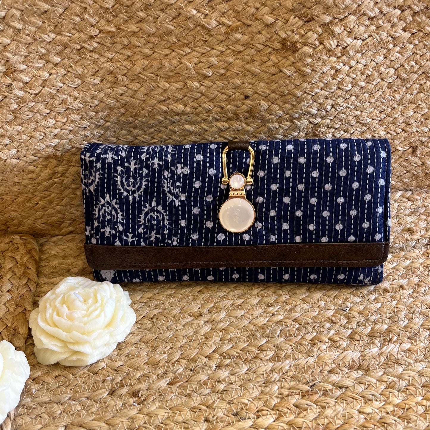 Women Blue White Ethnic Handblock Printed Vegan Leather Wallet