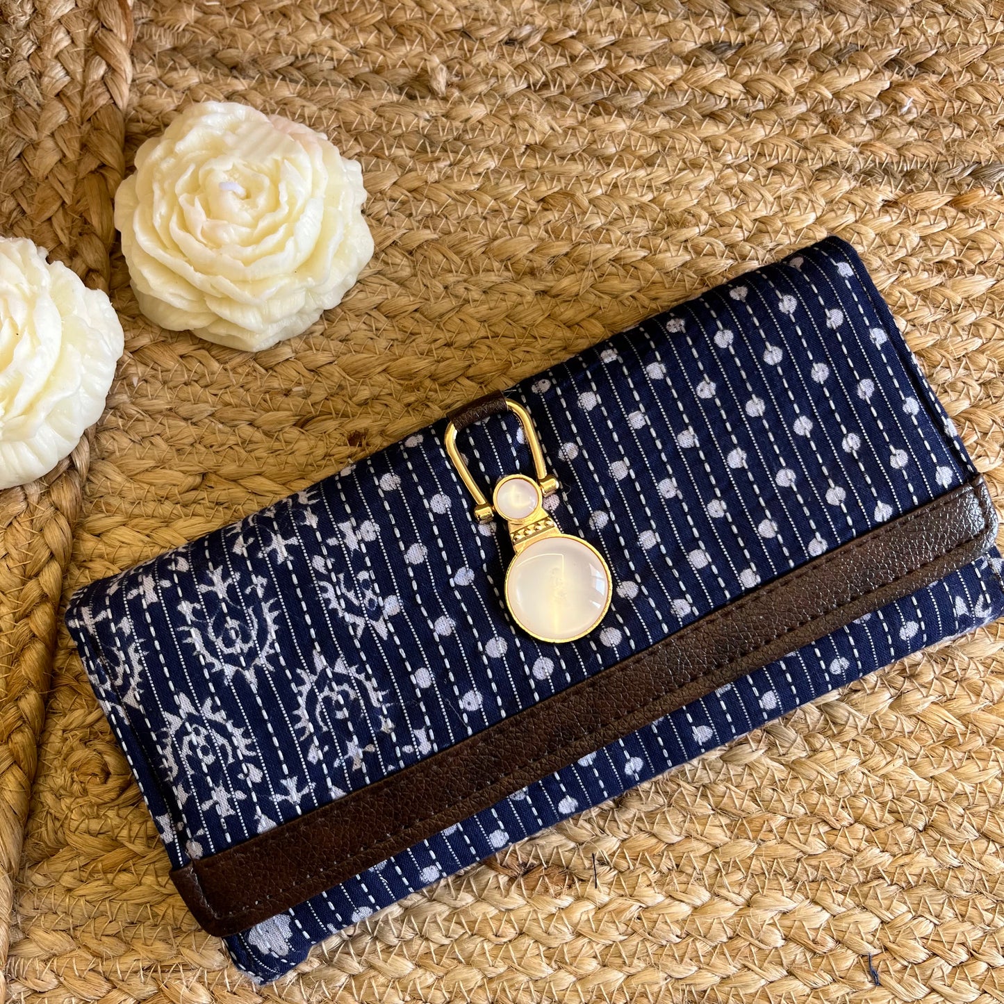 Women Blue White Ethnic Handblock Printed Vegan Leather Wallet