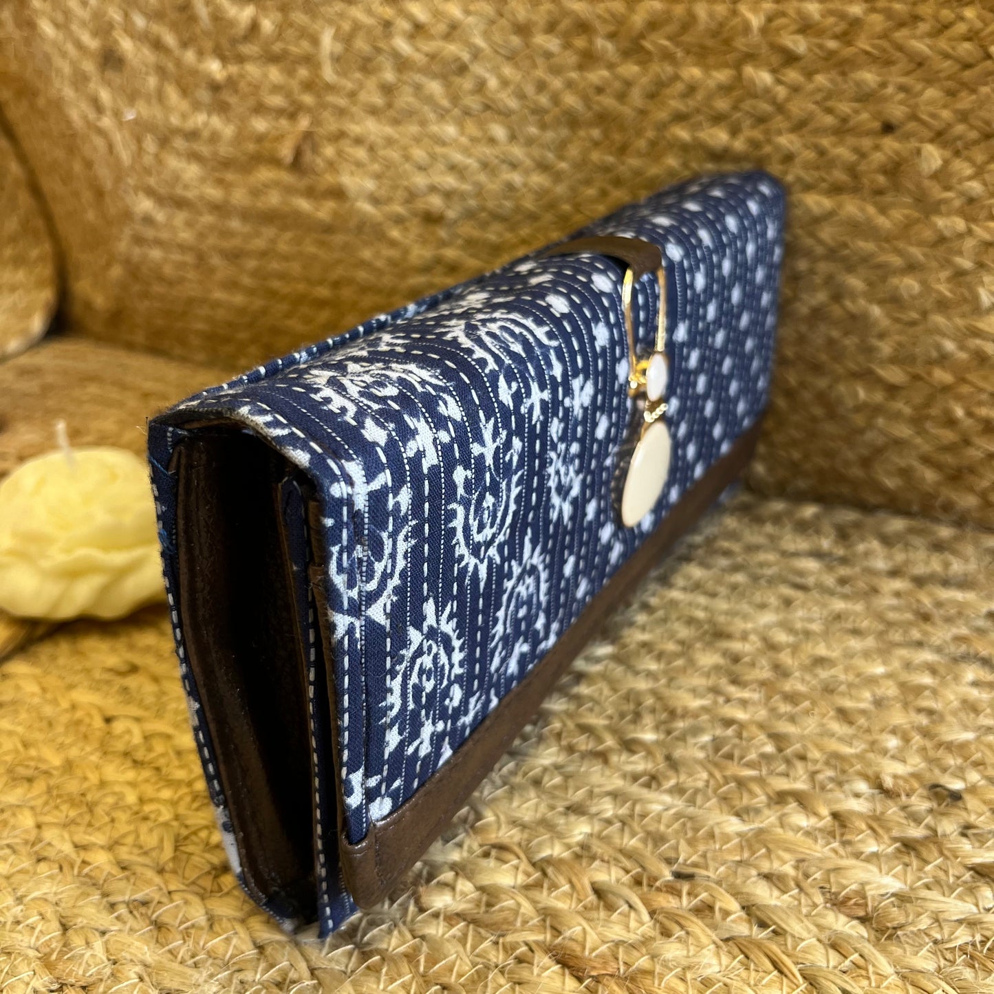 Women Blue White Ethnic Handblock Printed Vegan Leather Wallet