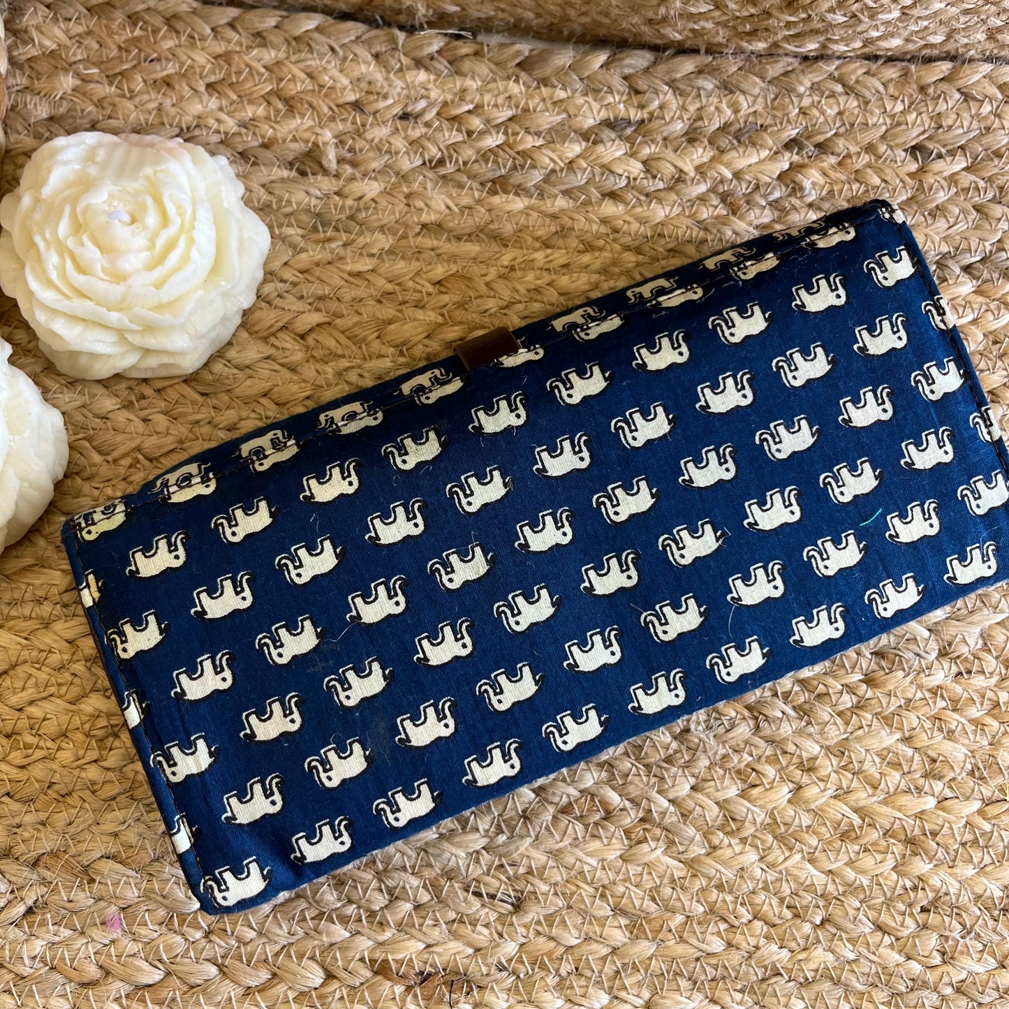Women Blue Elephant Ethnic Handblock Printed Vegan Leather Wallet