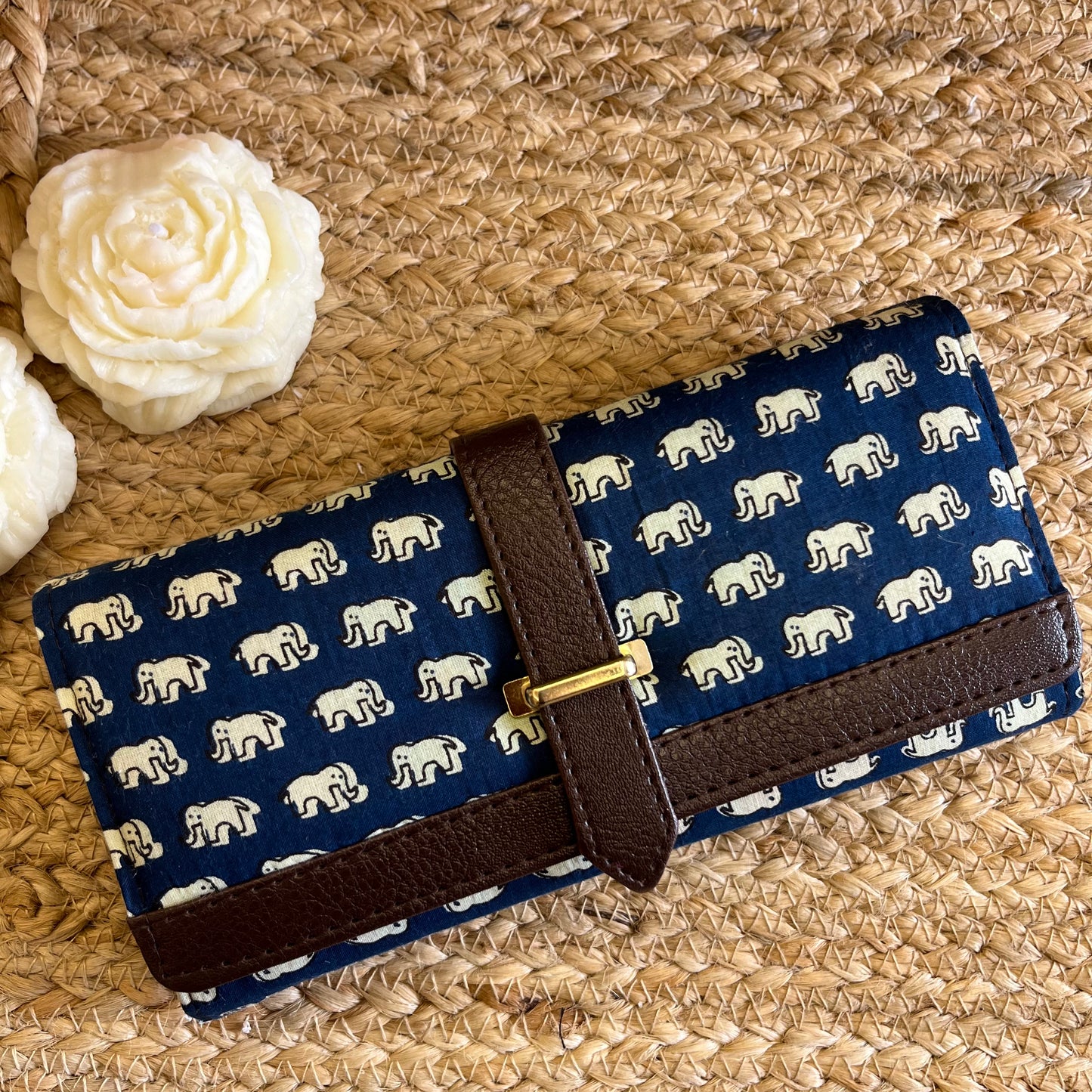 Women Blue Elephant Ethnic Handblock Printed Vegan Leather Wallet