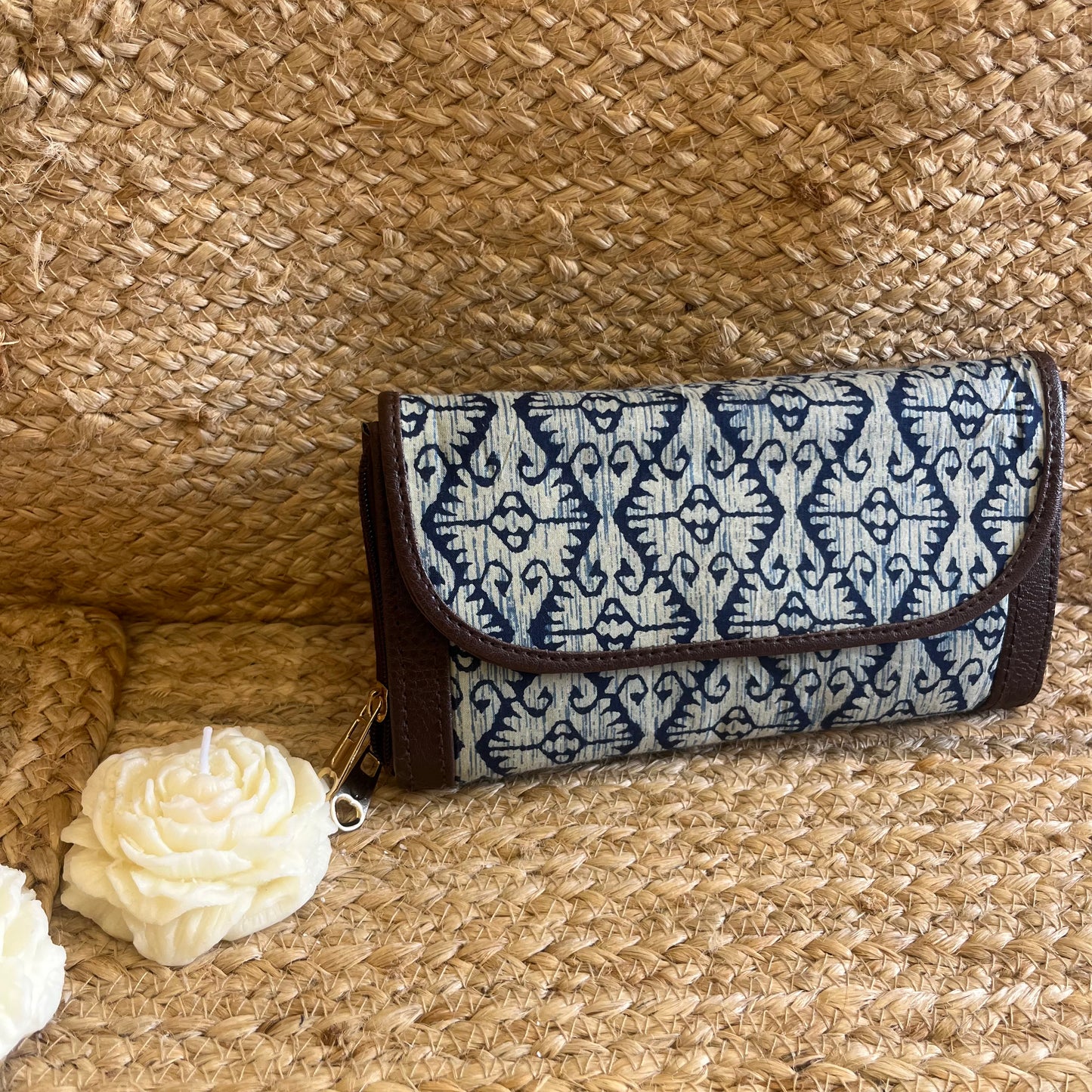 Women Blue Abstract Ethnic Handblock Printed Zip Around Vegan Leather Wallet