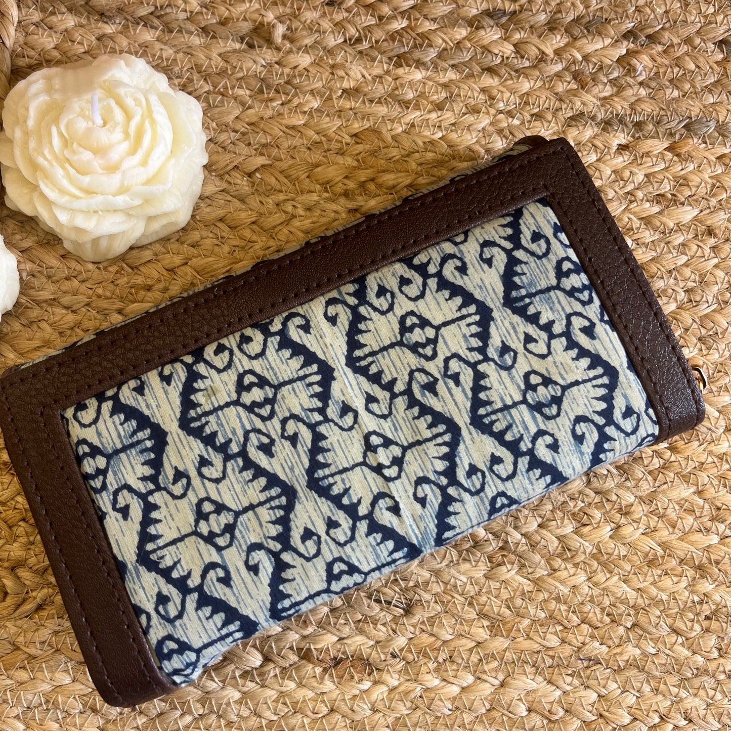 Women Blue Abstract Ethnic Handblock Printed Zip Around Vegan Leather Wallet