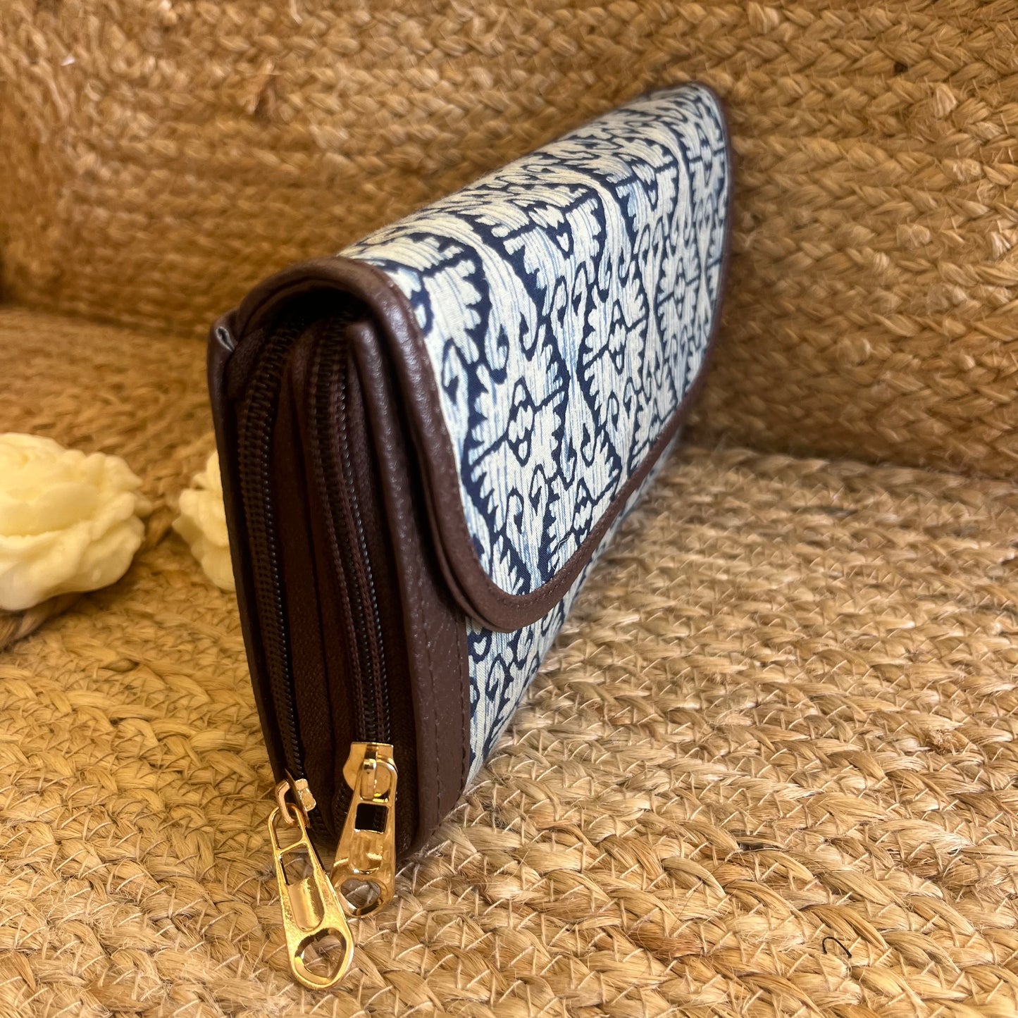 Women Blue Abstract Ethnic Handblock Printed Zip Around Vegan Leather Wallet