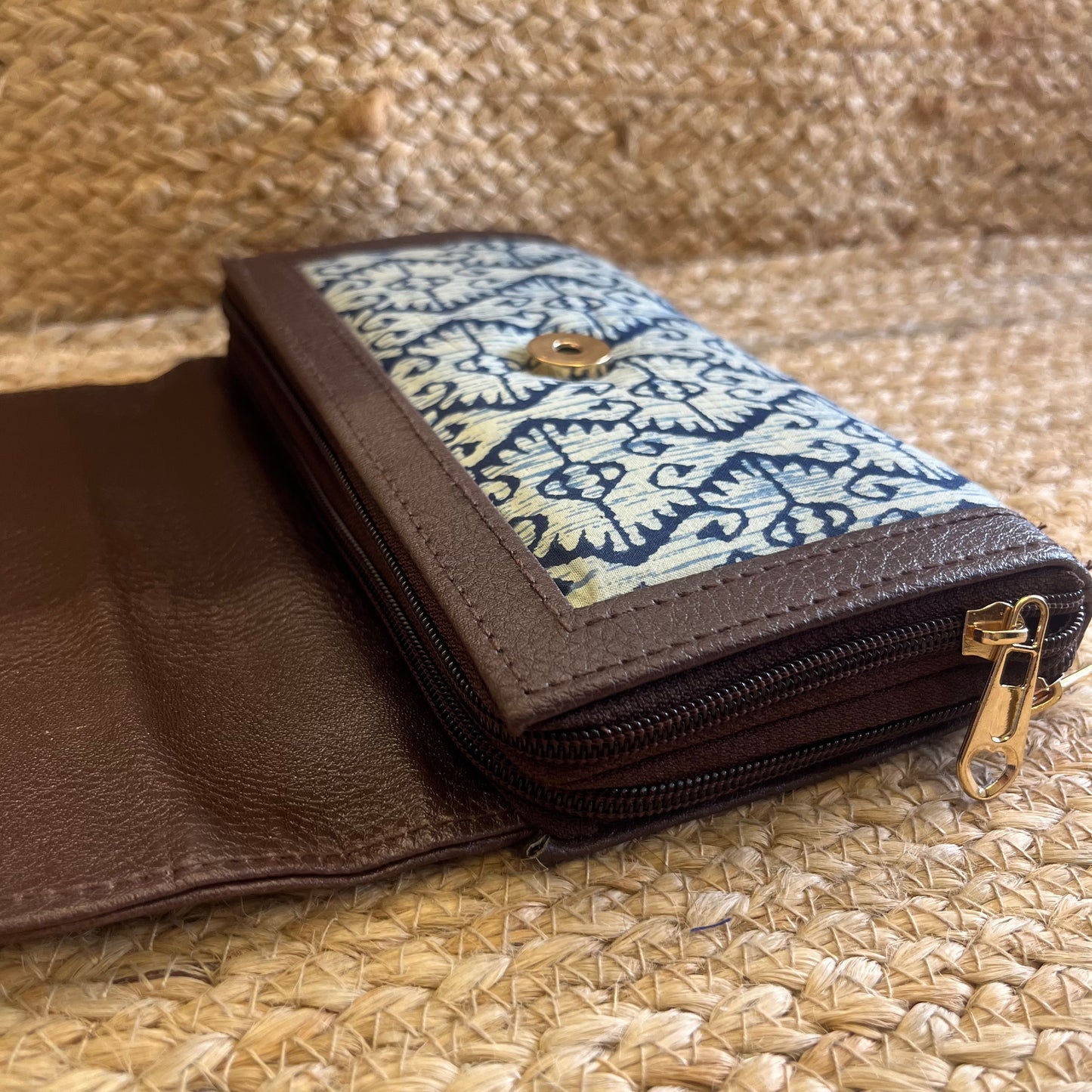 Women Blue Abstract Ethnic Handblock Printed Zip Around Vegan Leather Wallet