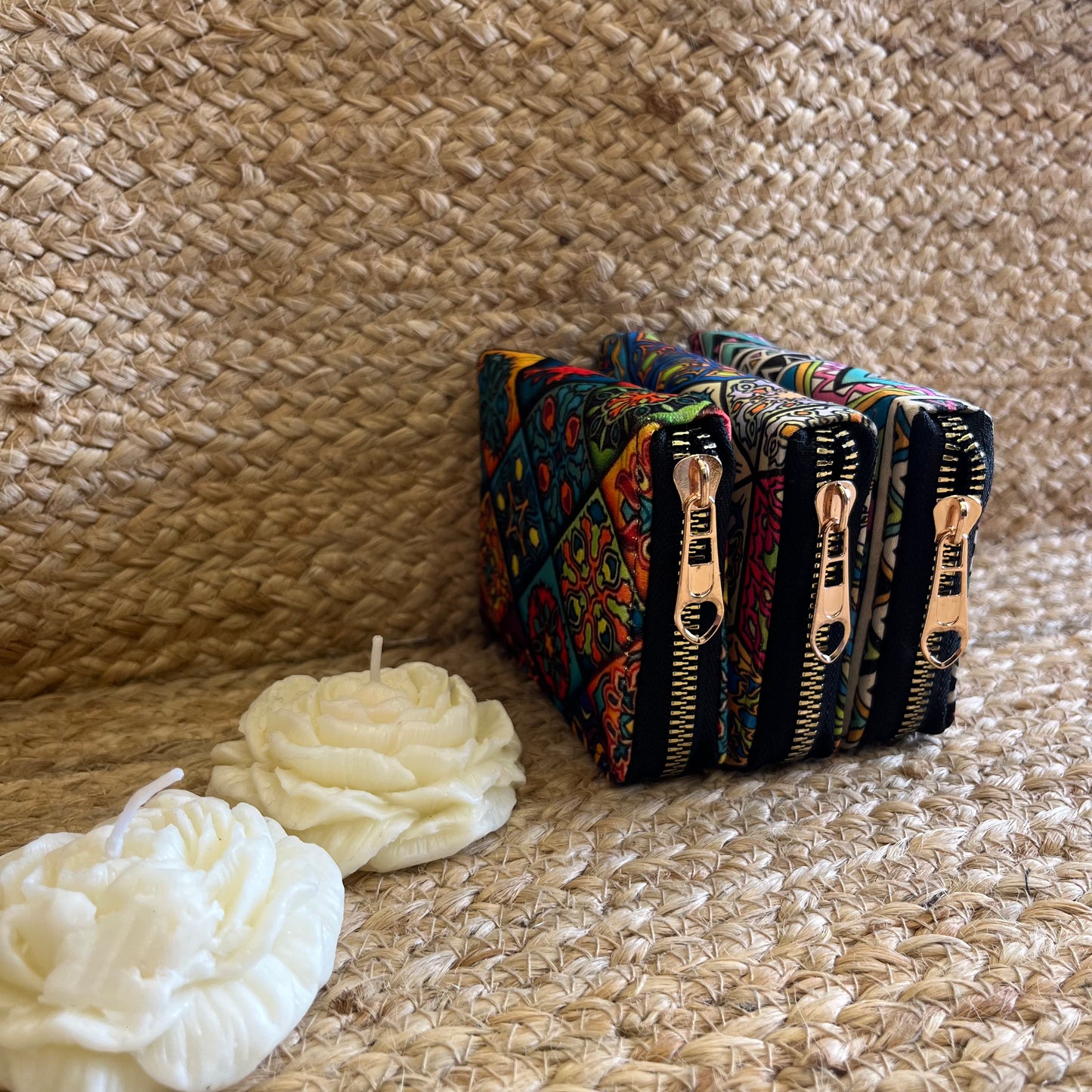 Abstract Multi- Color Printed Zip Around Wallet