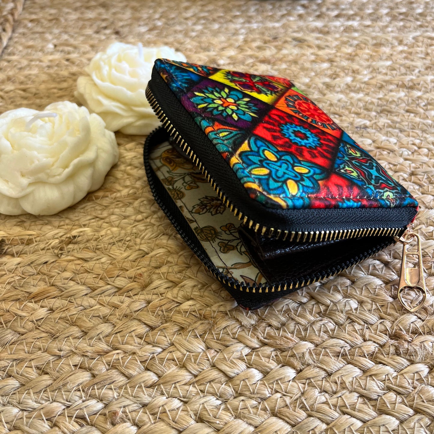 Abstract Multi- Color Printed Zip Around Wallet