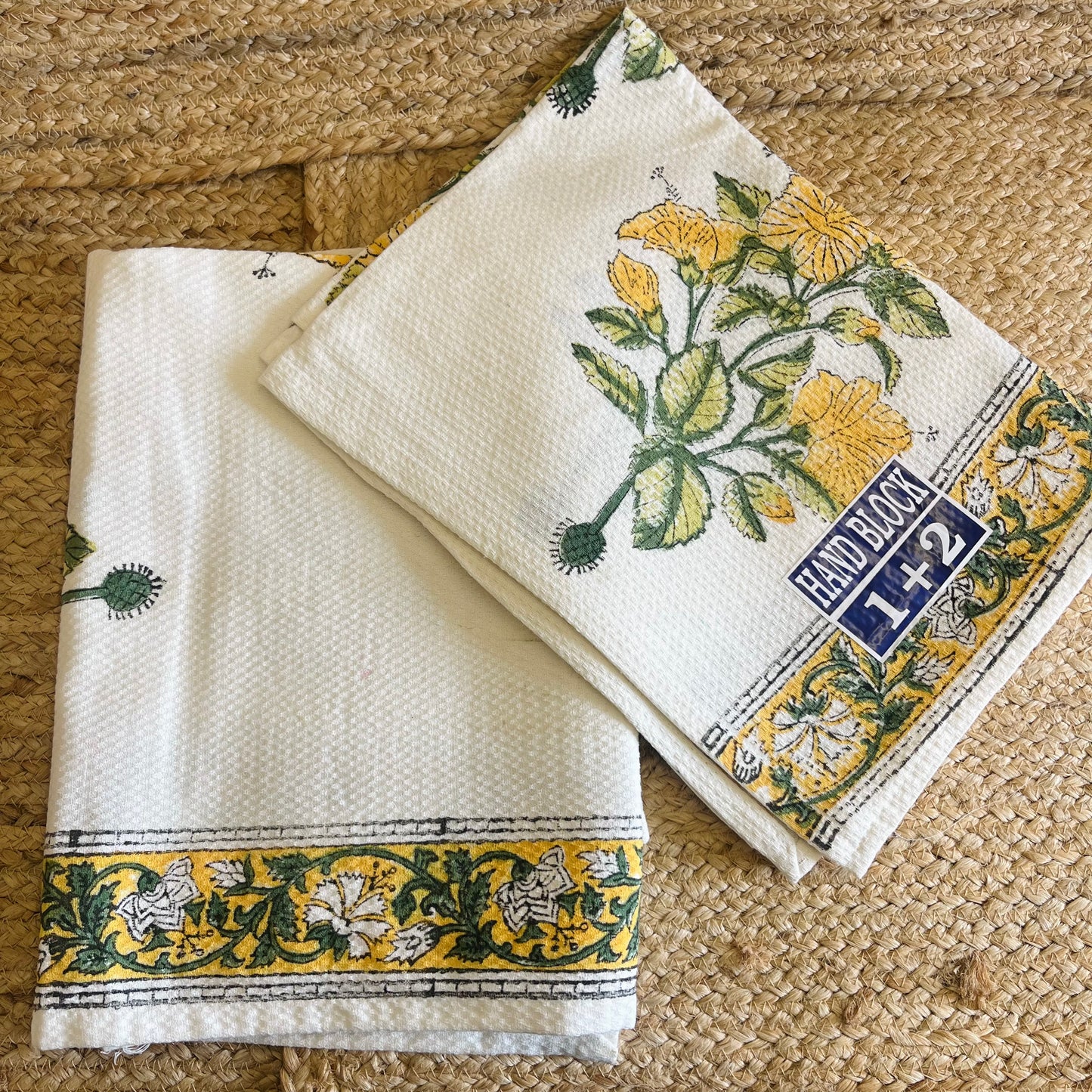 Yellow Floral Handblock Waffle Cotton Towel Set