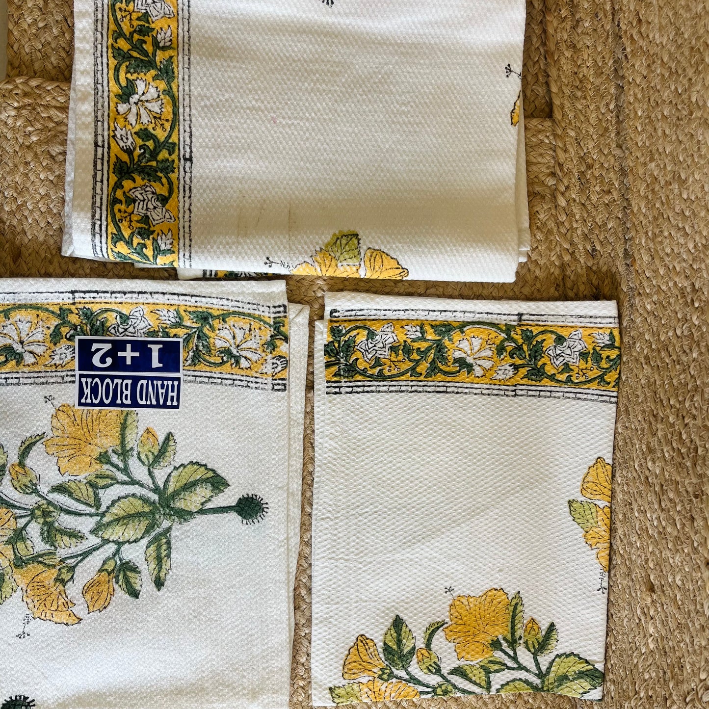 Yellow Floral Handblock Waffle Cotton Towel Set