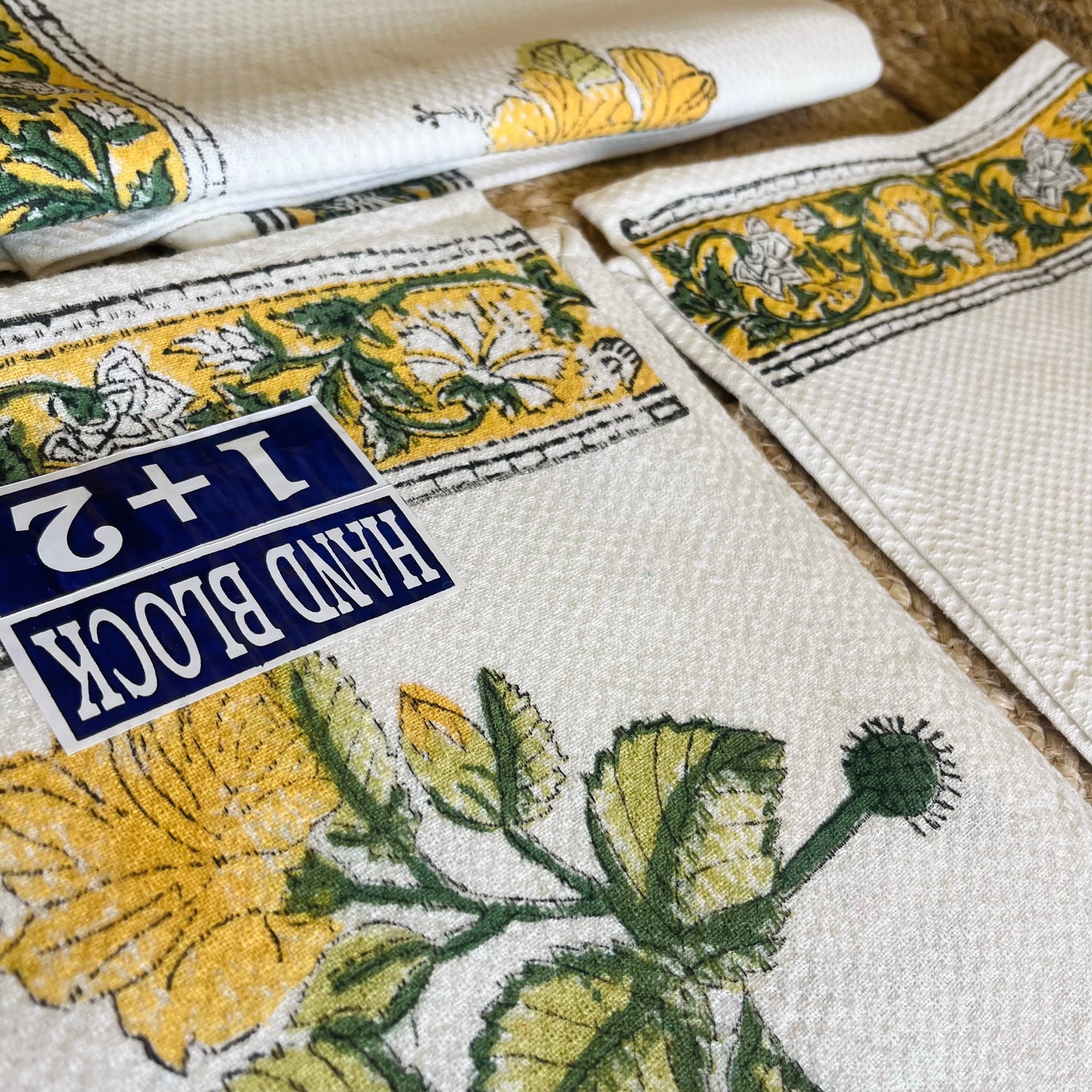 Yellow Floral Handblock Waffle Cotton Towel Set