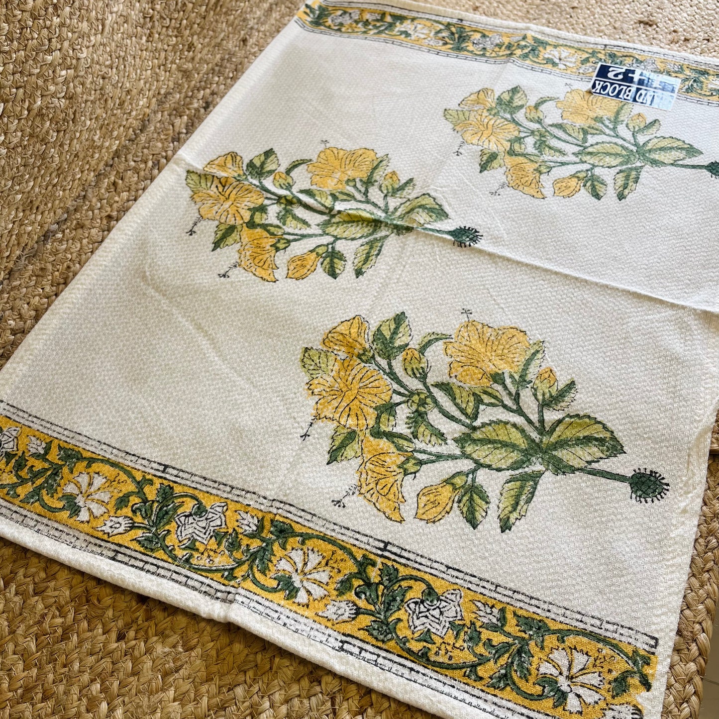 Yellow Floral Handblock Waffle Cotton Towel Set