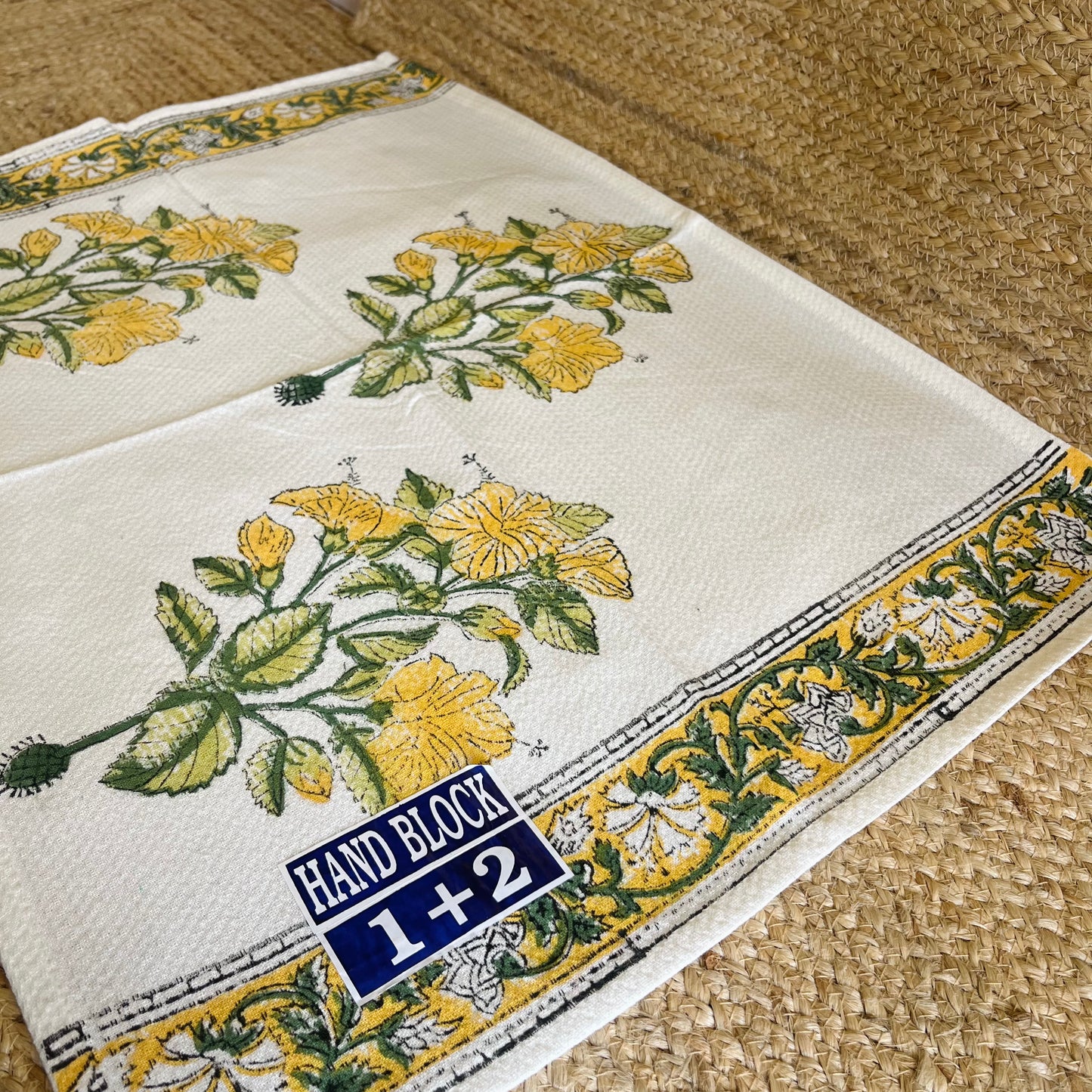 Yellow Floral Handblock Waffle Cotton Towel Set