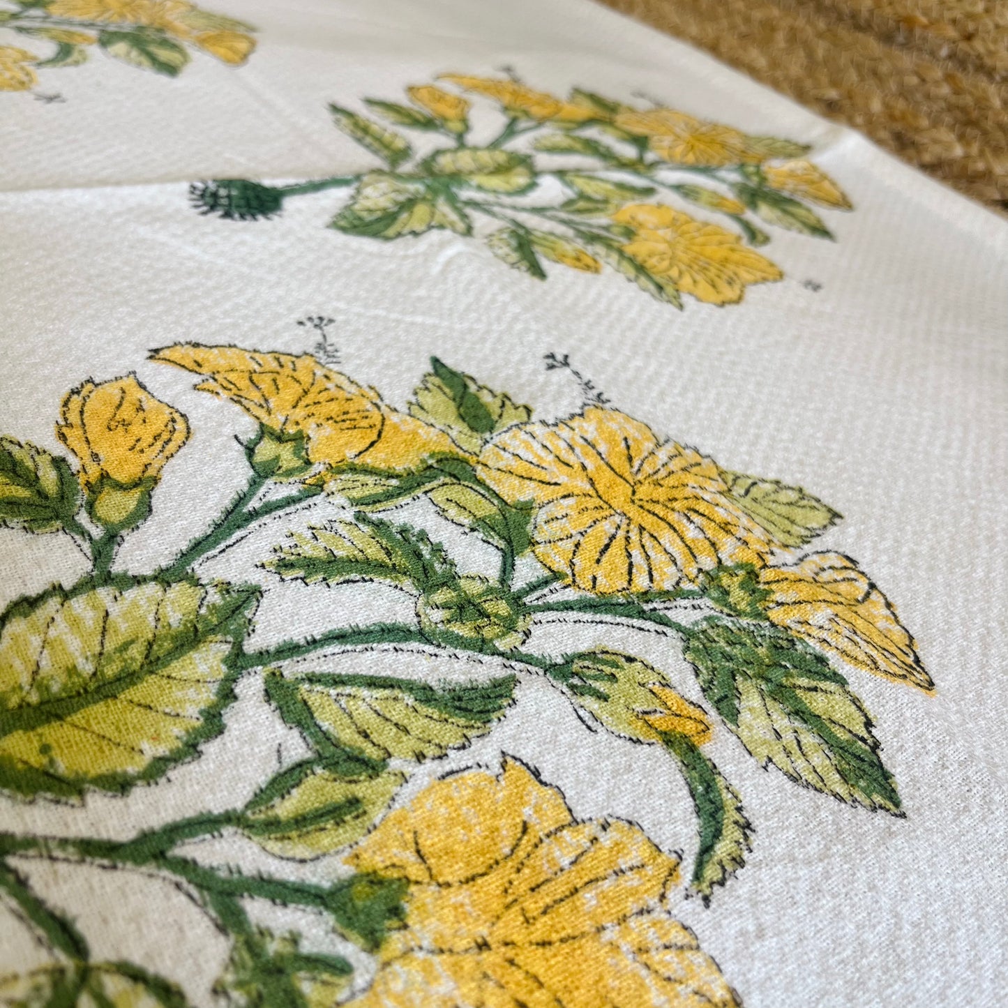 Yellow Floral Handblock Waffle Cotton Towel Set