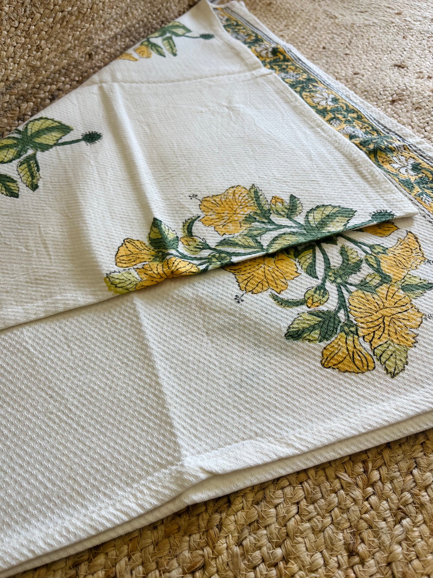 Yellow Floral Handblock Waffle Cotton Towel Set