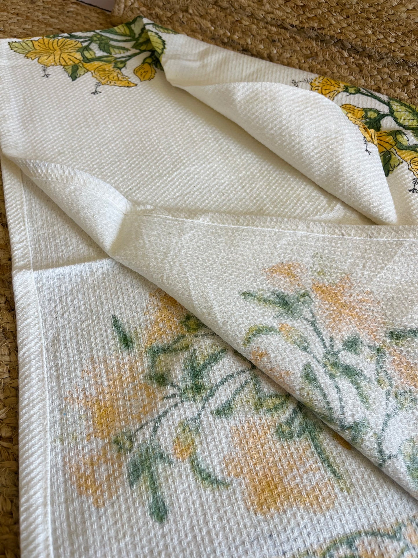 Yellow Floral Handblock Waffle Cotton Towel Set