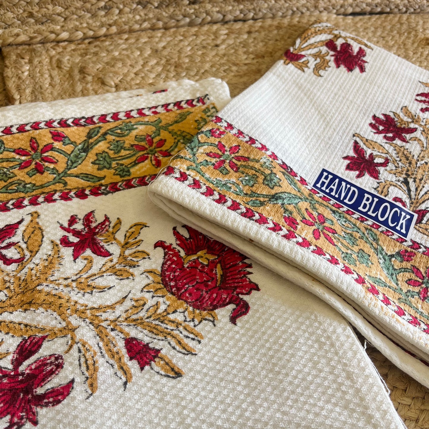 Red Golden Plant Handblock Waffle Cotton Towel Set