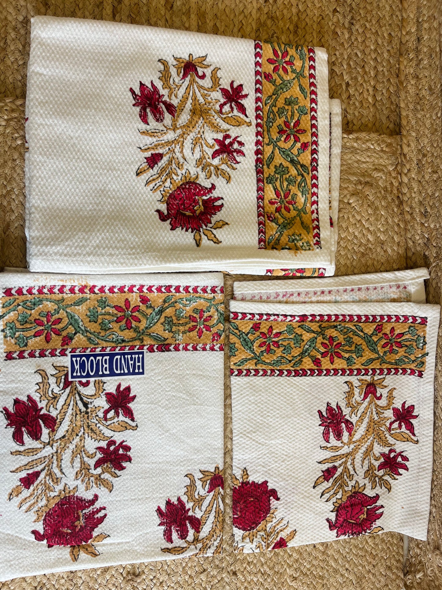 Red Golden Plant Handblock Waffle Cotton Towel Set