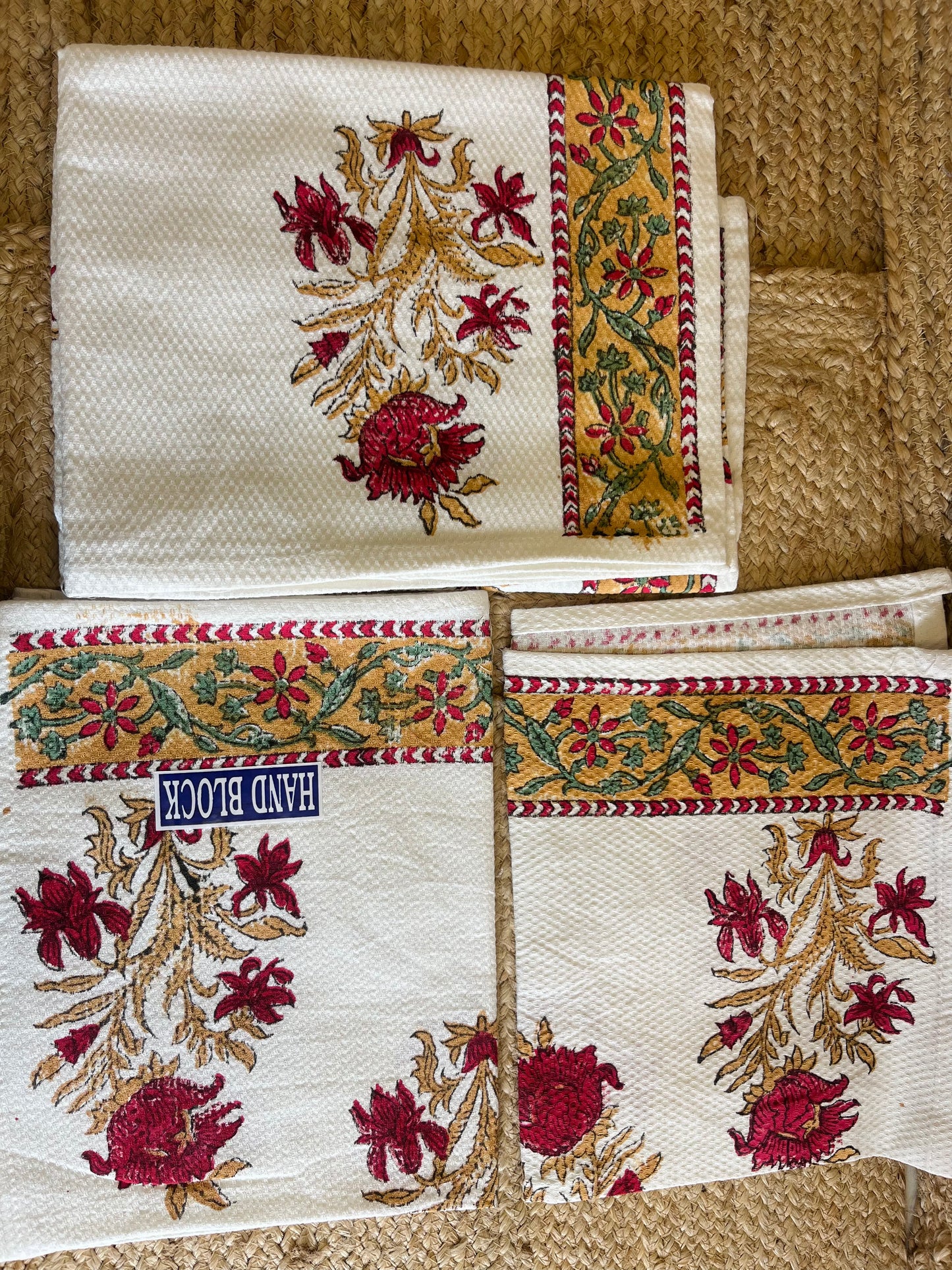 Red Golden Plant Handblock Waffle Cotton Towel Set