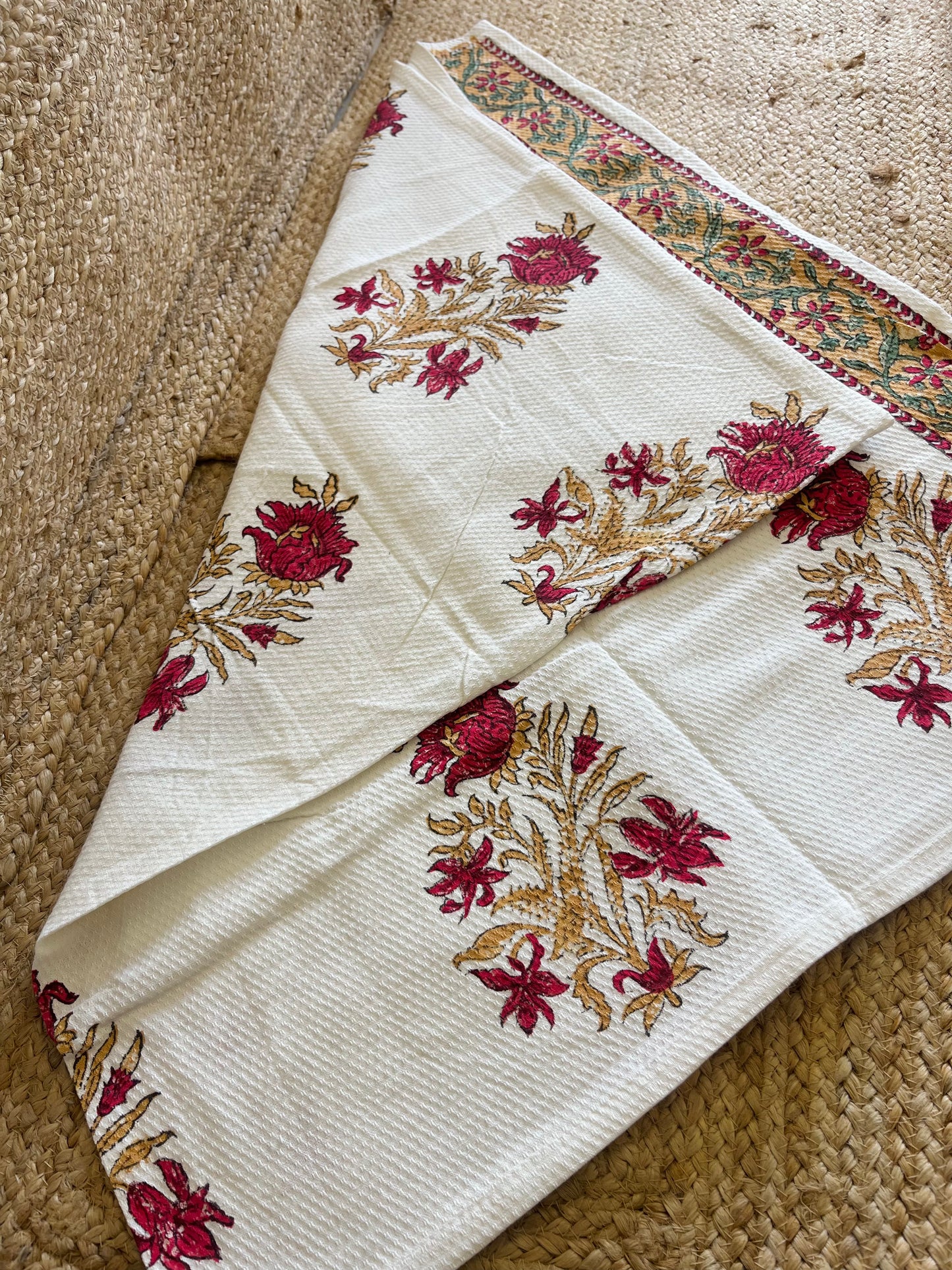Red Golden Plant Handblock Waffle Cotton Towel Set