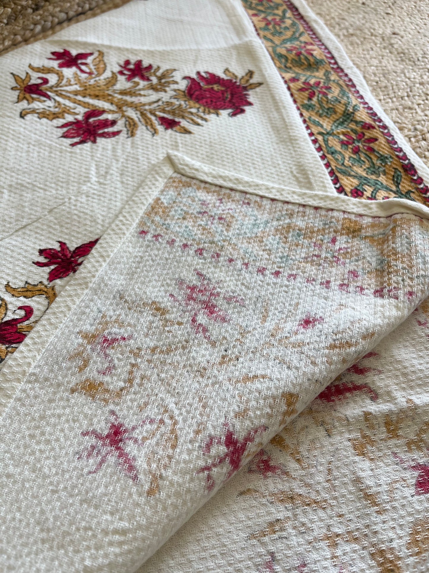 Red Golden Plant Handblock Waffle Cotton Towel Set