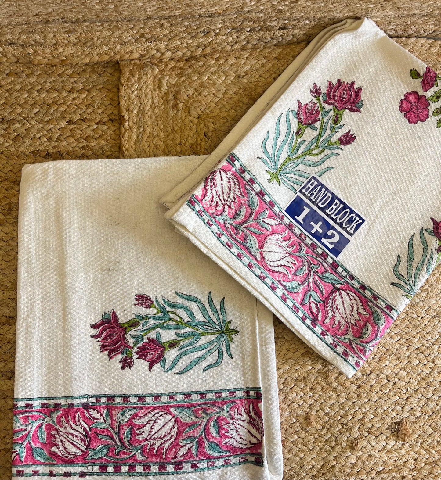 Pink Floral Handblock Waffle Cotton Towel Set