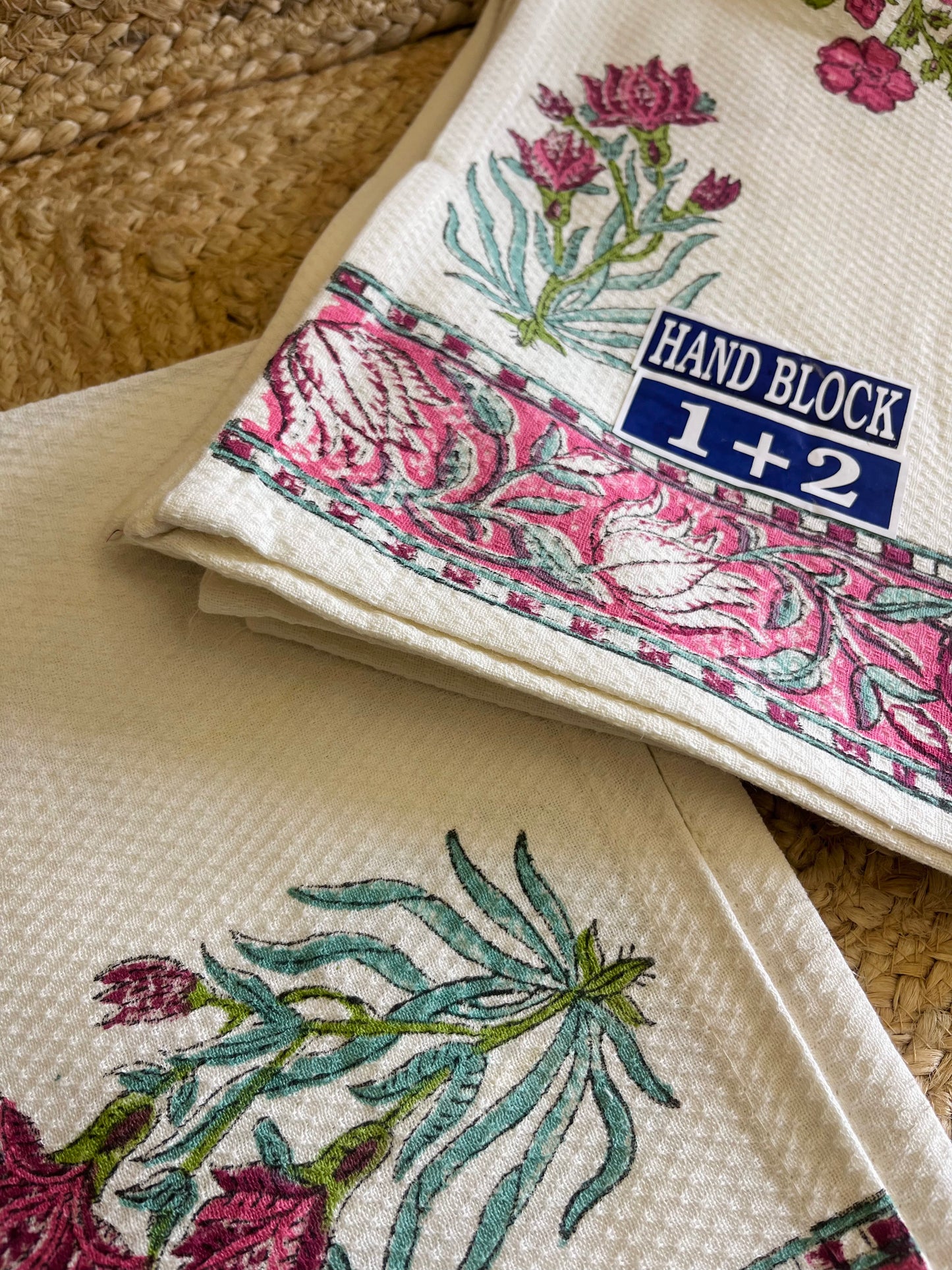 Pink Floral Handblock Waffle Cotton Towel Set