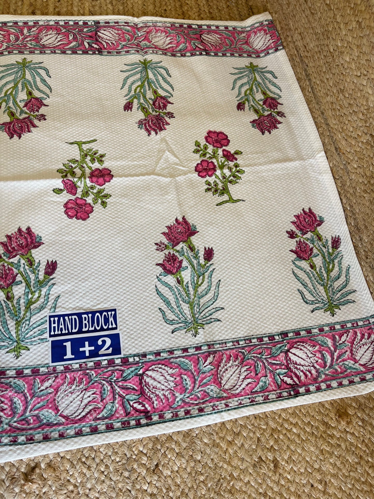 Pink Floral Handblock Waffle Cotton Towel Set